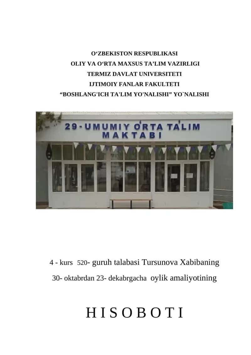Boshlang'ich ta'lim yo'nalishi bo'yicha amaliyot hisoboti