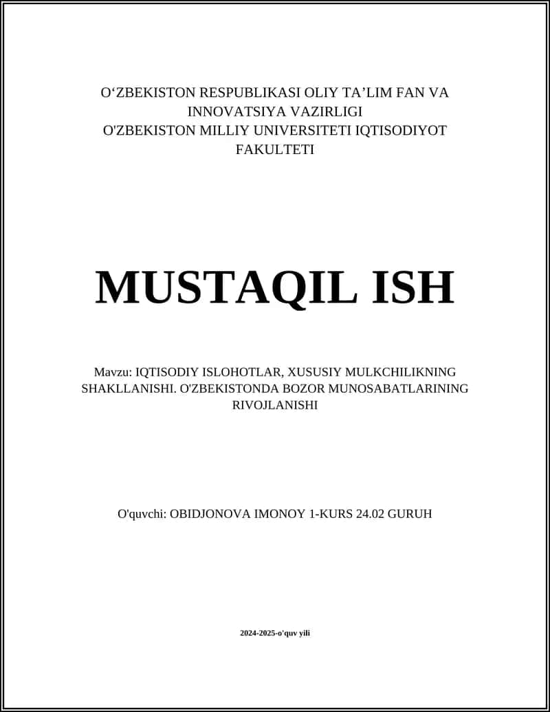 IQTISODIY ISLOHOTLAR, XUSUSIY MULKCHILIKNING SHAKLLANISHI