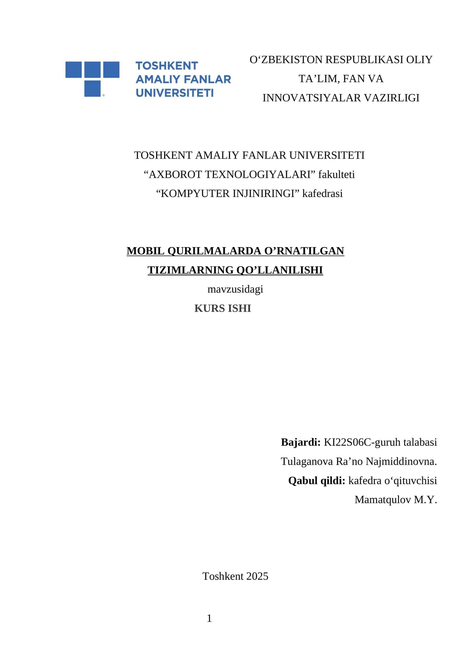 MOBIL QURILMALARDA O’RNATILGAN TIZIMLARNING QO’LLANILISHI
