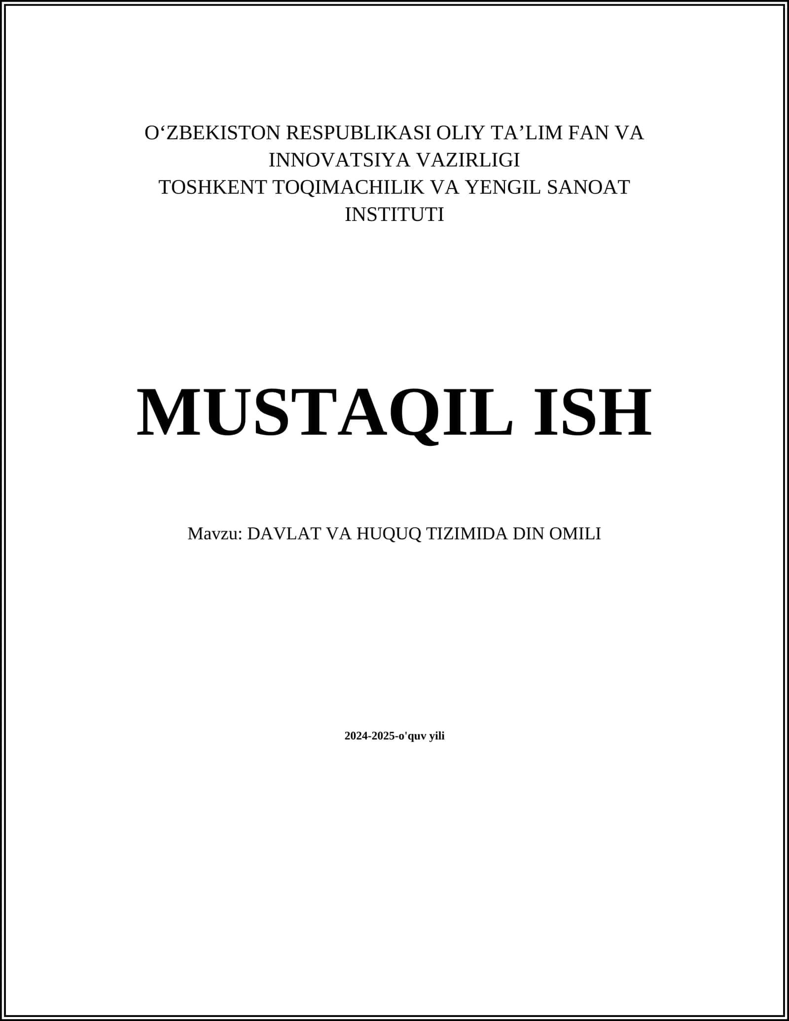 DAVLAT VA HUQUQ TIZIMIDA DIN OMILI