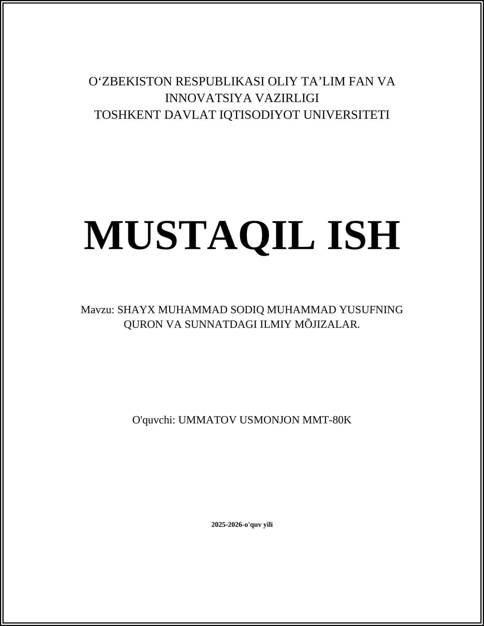 SHAYX MUHAMMAD SODIQ MUHAMMAD YUSUFNING QURON VA SUNNATDAGI ILMIY MÕJIZALAR