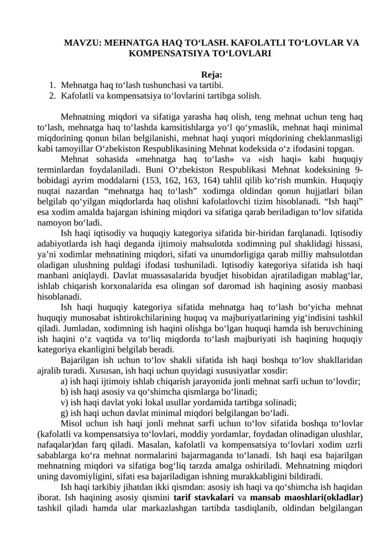 MEHNATGA HAQ TO‘LASH. KAFOLATLI TO‘LOVLAR VA KOMPENSATSIYA TO‘LOVLARI