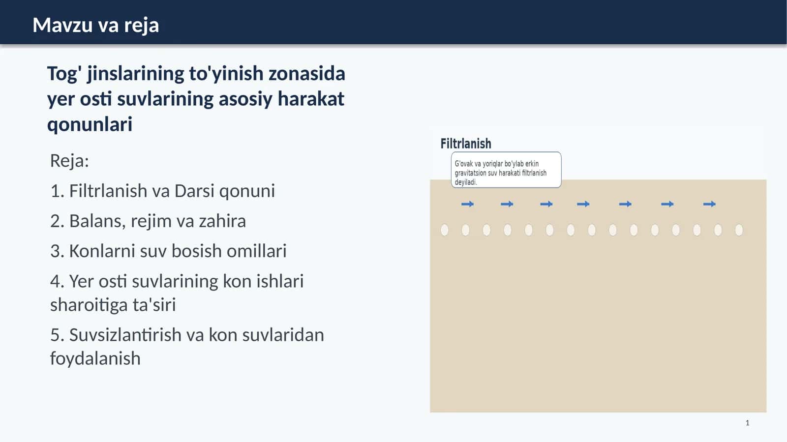 Tog' jinslarining to'yinish zonasida yer osti suvlarining asosiy harakat qonunlari