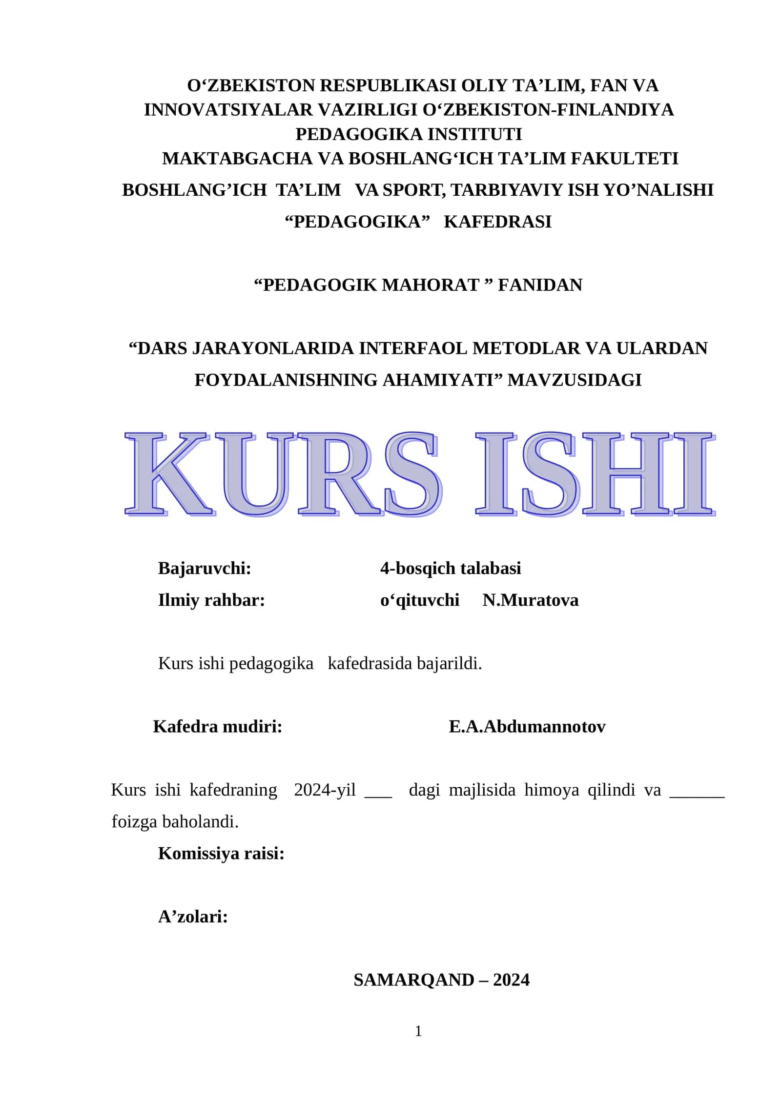 DARS JARAYONLARIDA INTERFAOL METODLAR VA ULARDAN FOYDALANISHNING AHAMIYATI