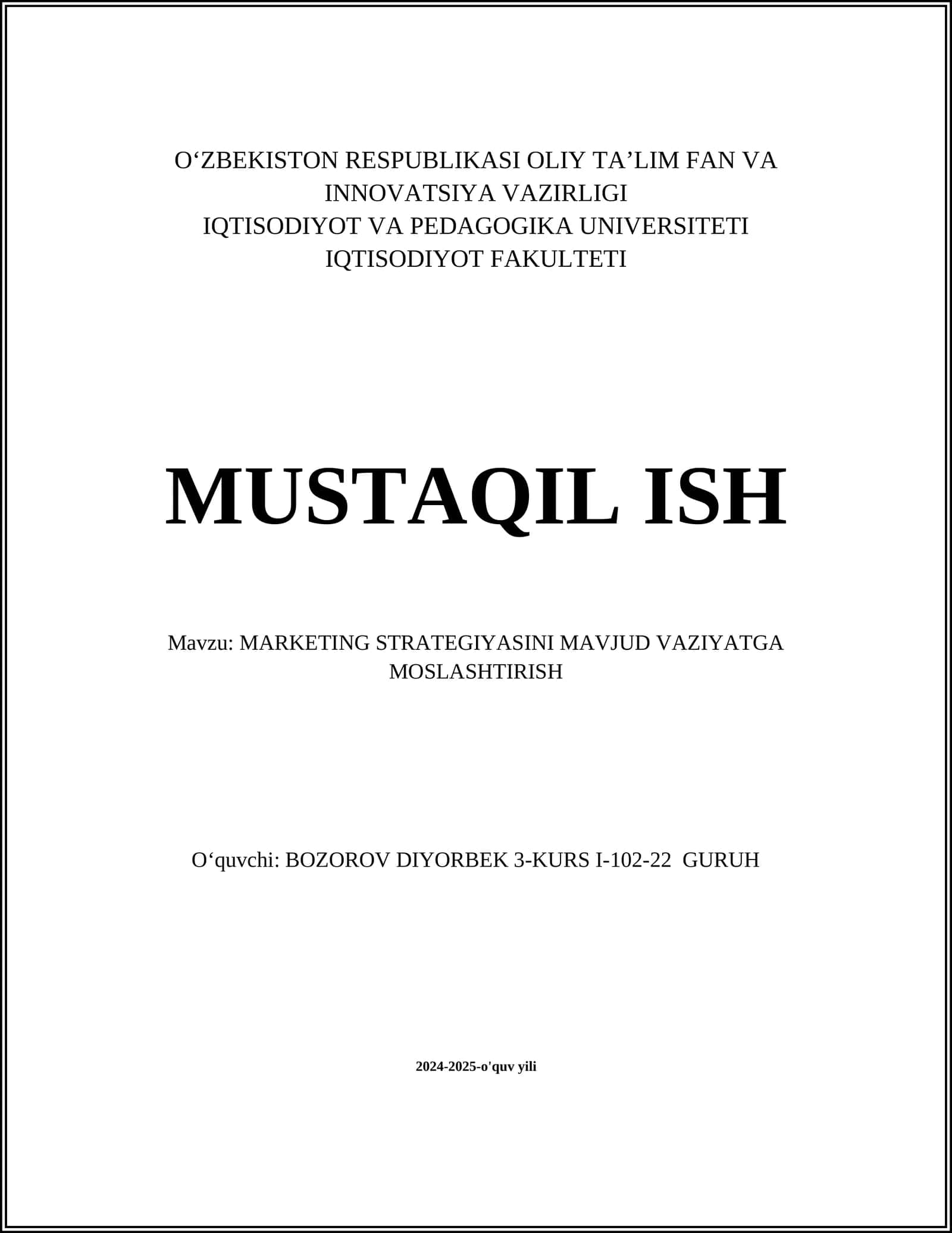 MARKETING STRATEGIYASINI MAVJUD VAZIYATGA MOSLASHTIRISH