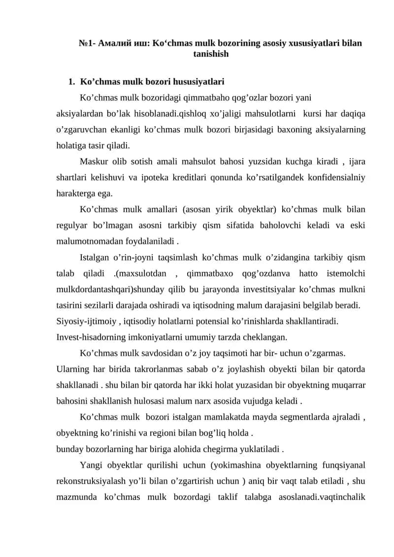 Ko‘chmas mulk bozorining asosiy xususiyatlari bilan tanishish