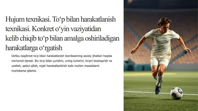 Hujum texnikasi. Toʻp bilan harakatlanish texnikasi. Konkret oʻyin vaziyatidan  kelib chiqib toʻp bilan amalga oshiriladigan harakatlarga oʻrgatish