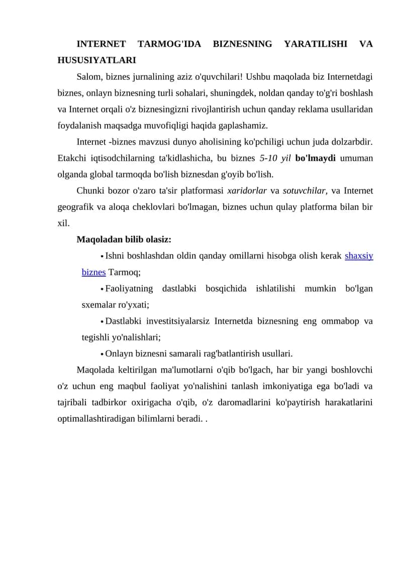 INTERNET TARMOG'IDA BIZNESNING YARATILISHI VA HUSUSIYATLARI