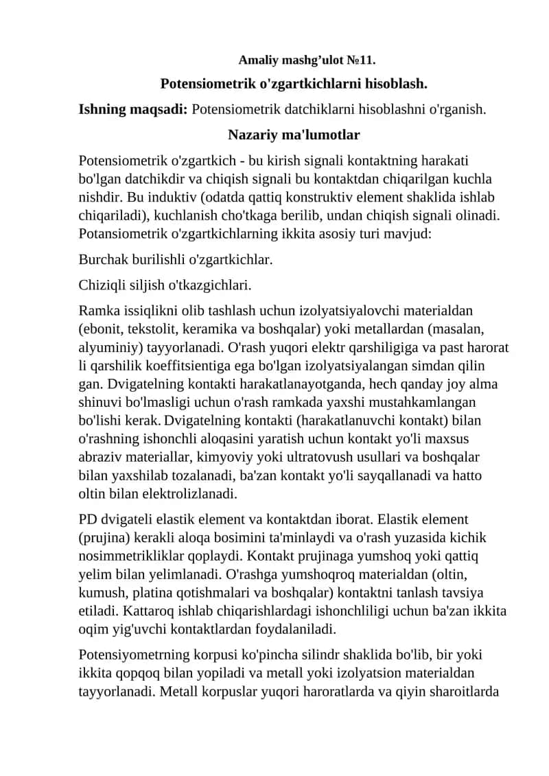 Potensiometrik o'zgartkichlar