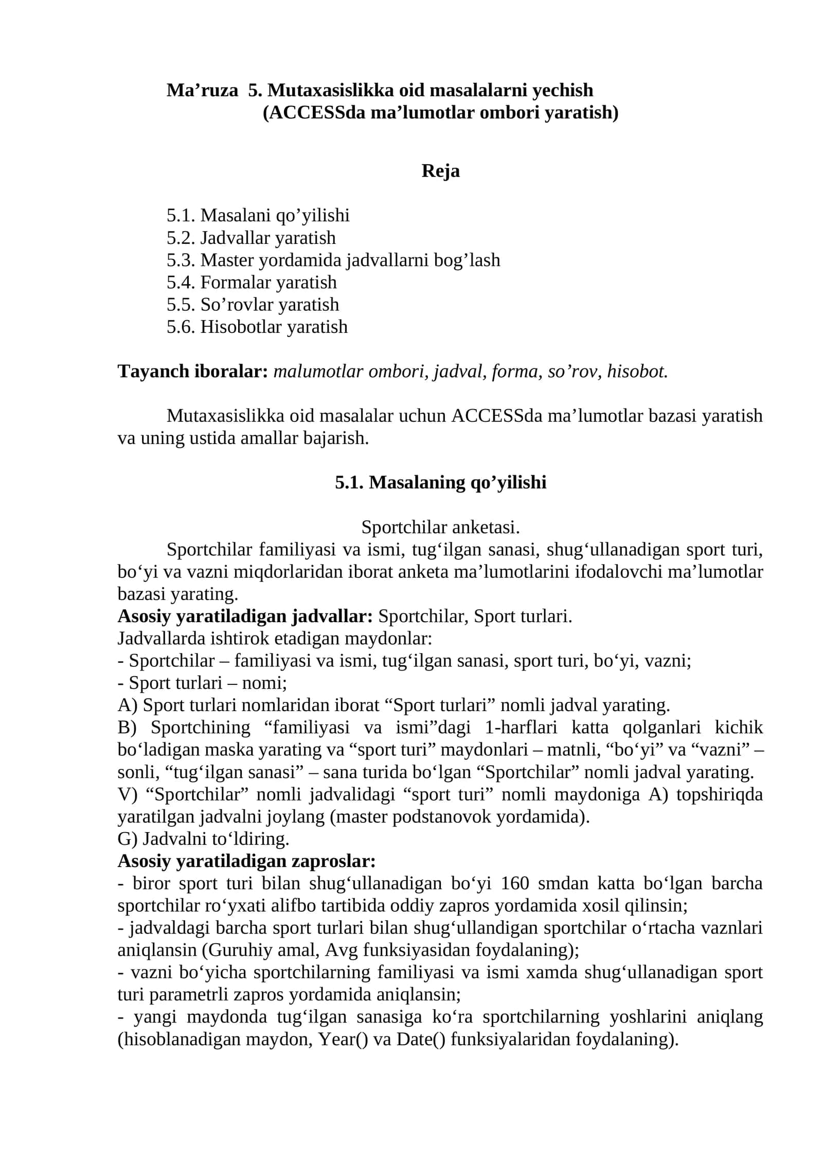 Ma’ruza 5. Mutaxasislikka oid masalalarni yechish