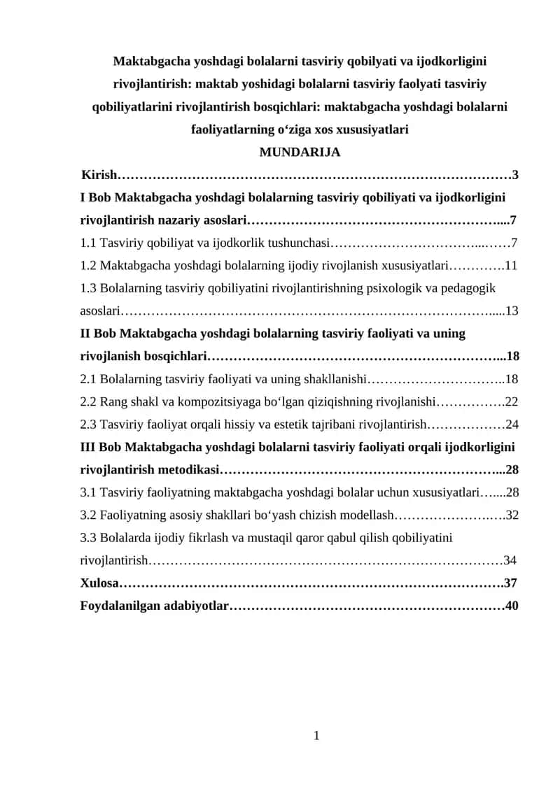 Maktabgacha yoshdagi bolalarni tasviriy qobilyati va ijodkorligini rivojlantirish