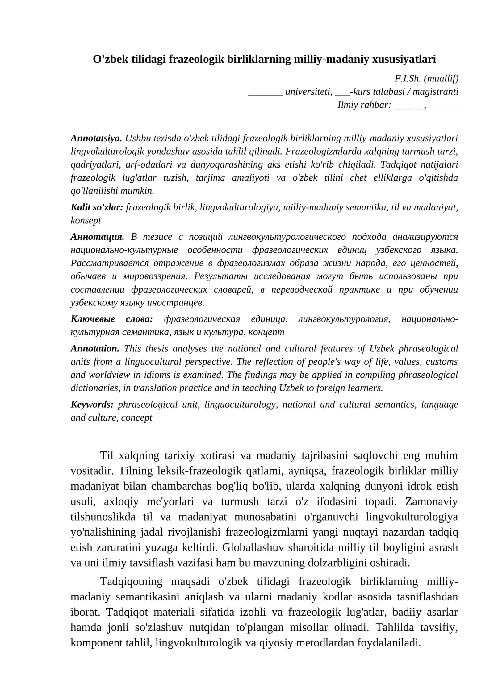 Na'muna tezis 09 Filologiya va tilshunoslik Ozbek tilidagi frazeologik birliklarning milliy madaniy xusu namuna
