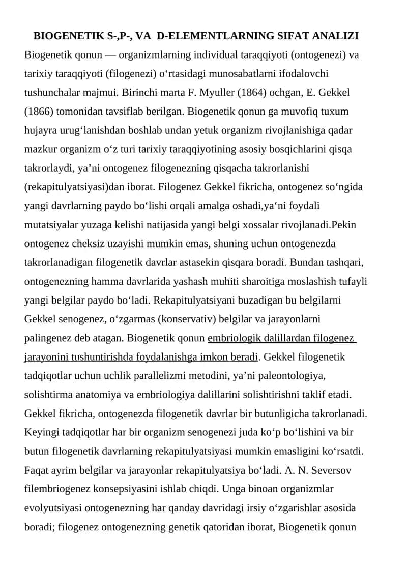 BIOGENETIK S-,P-, VA D-ELEMENTLARNING SIFAT ANALIZI