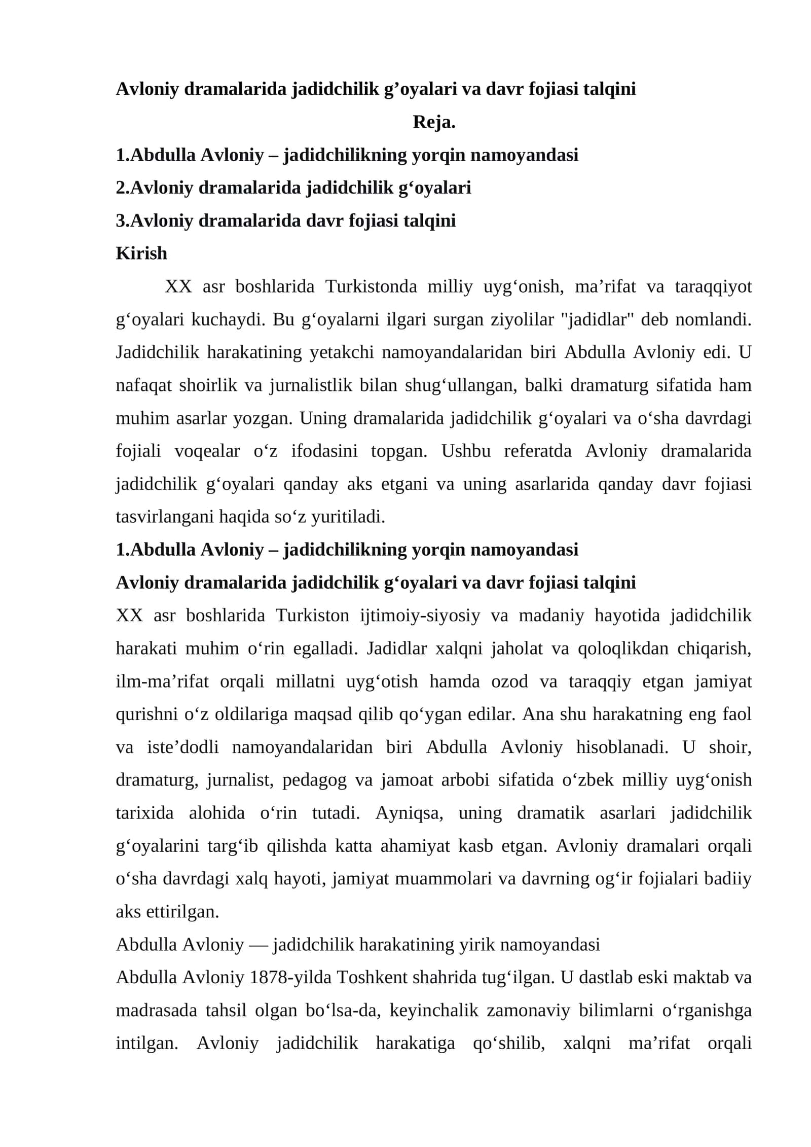 Avloniy dramalarida jadidchilik g'oyalari va davr fojiasi talqini