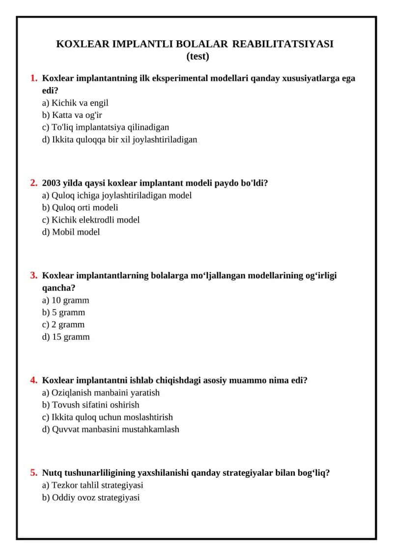 Koxlear implantli bolalar reabilitatsiyasi (TEST)