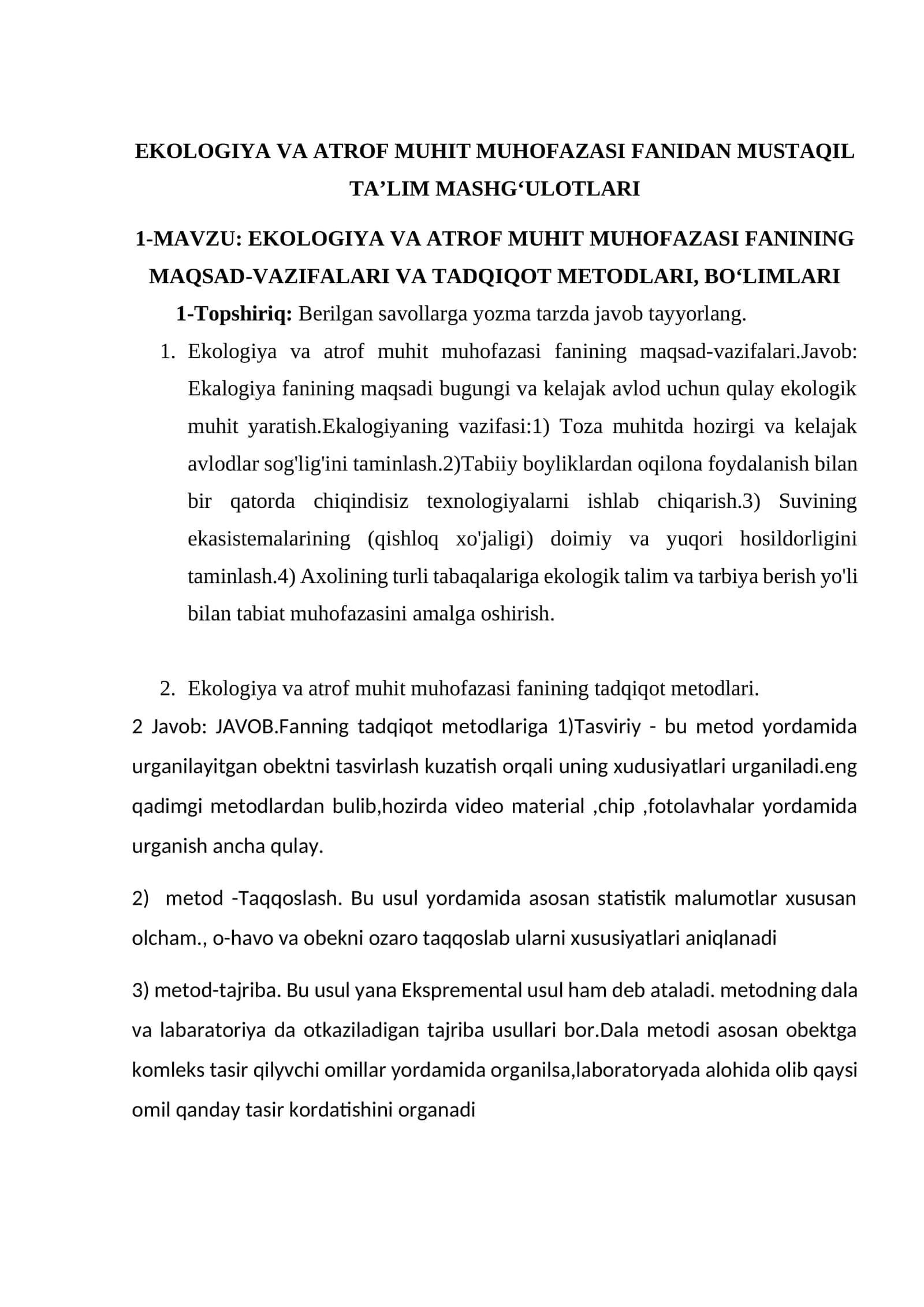 EKOLOGIYA VA ATROF MUHIT MUHOFAZASI FANIDAN MUSTAQIL TA’LIM MASHG‘ULOTLARI