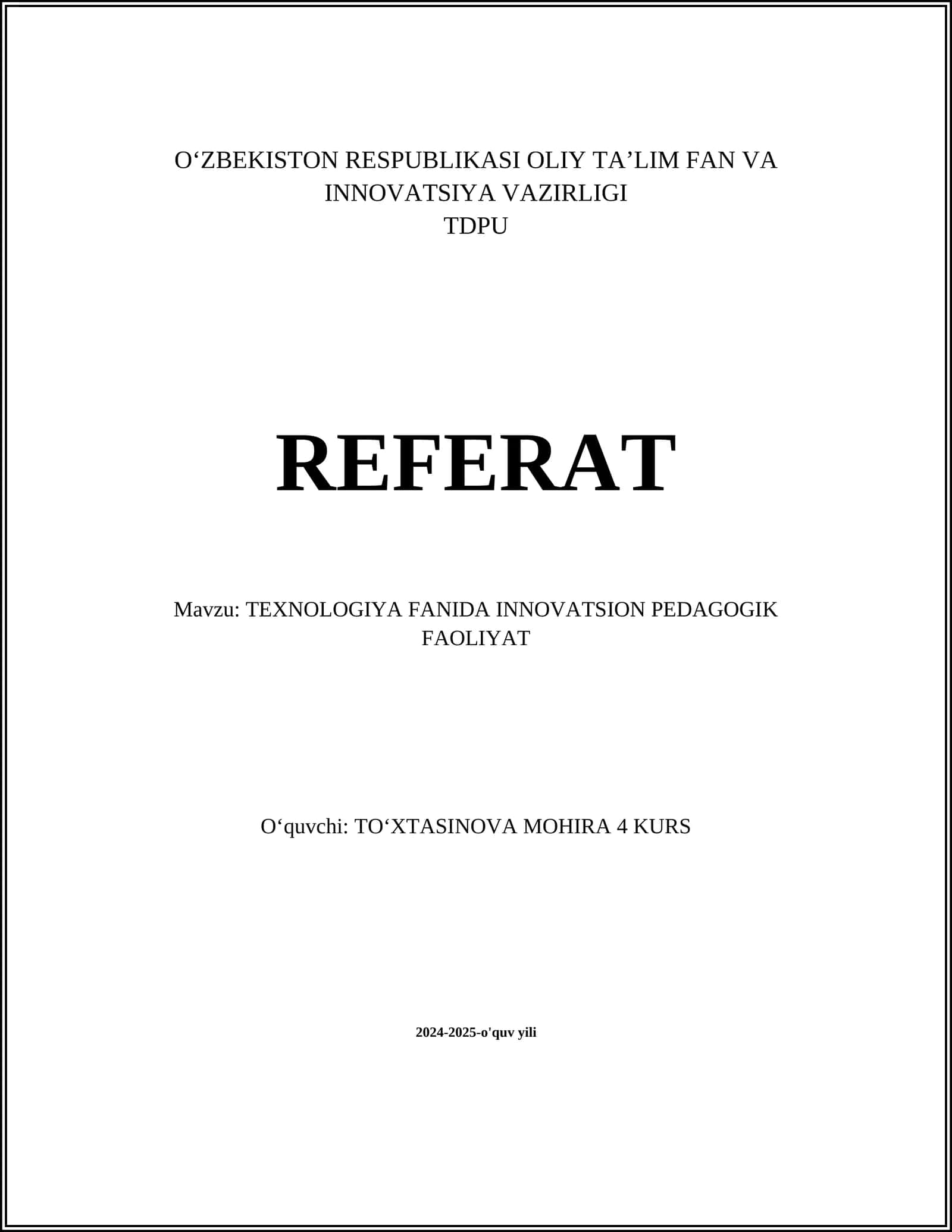 TEXNOLOGIYA FANIDA INNOVATSION PEDAGOGIK FAOLIYAT