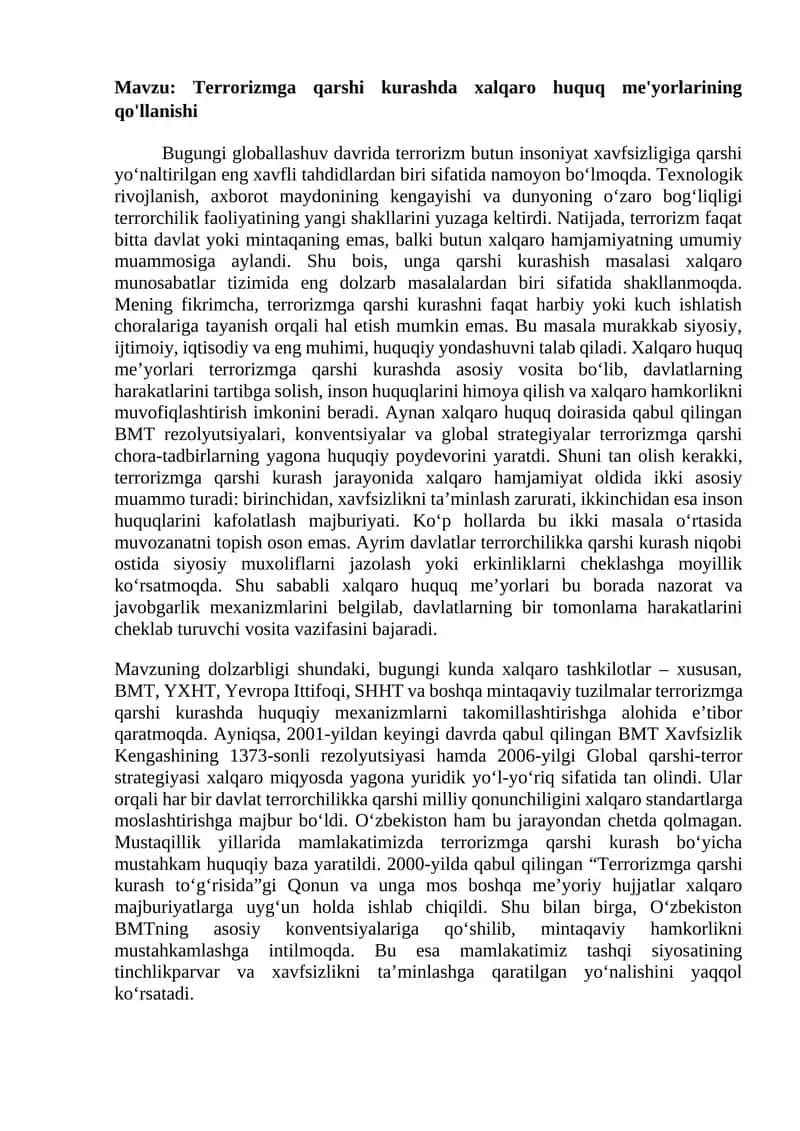 Terrorizmga qarshi kurashda xalqaro huquq me'yorlarining qo'llanishi