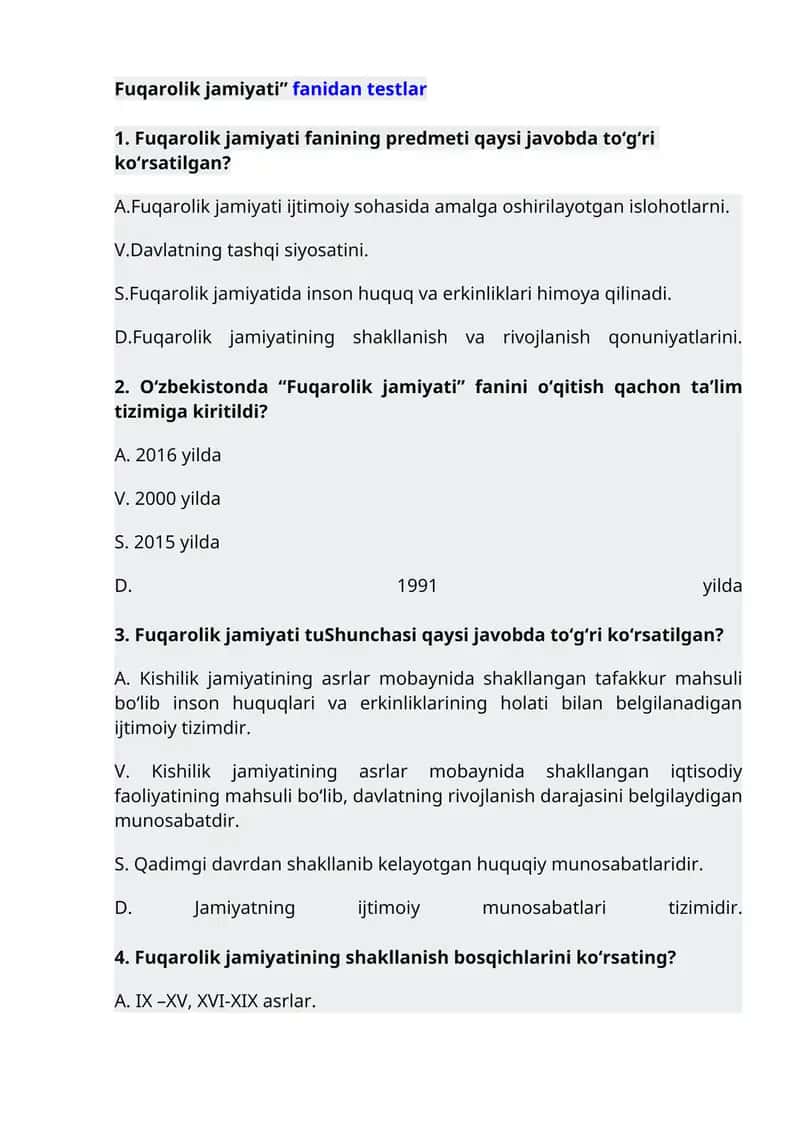 "Fuqarolik jamiyati”fanidan testlar