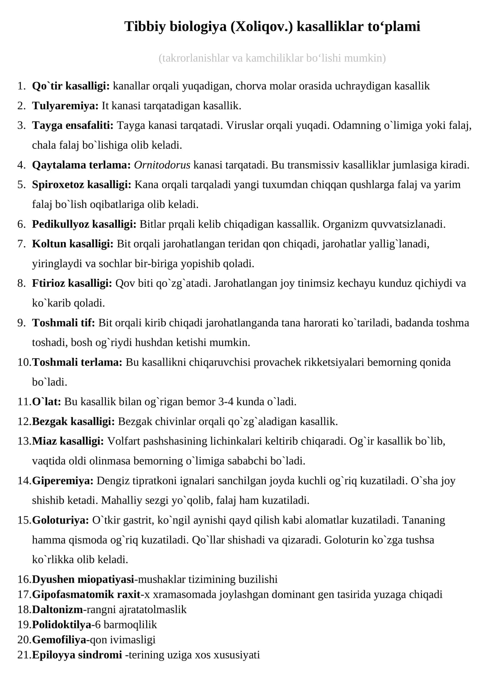 Tibbiy biologiya (Xoliqov.) kasalliklar to‘plami