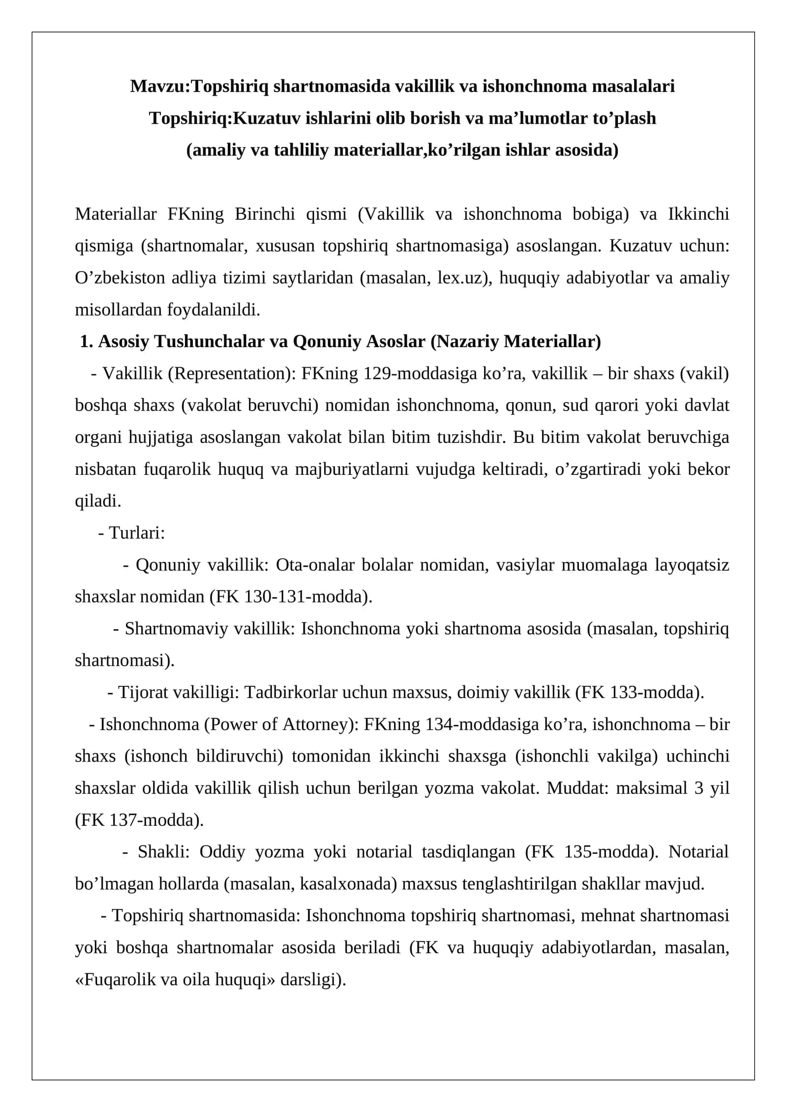 Topshiriq shartnomasida vakillik va ishonchnoma masalalari