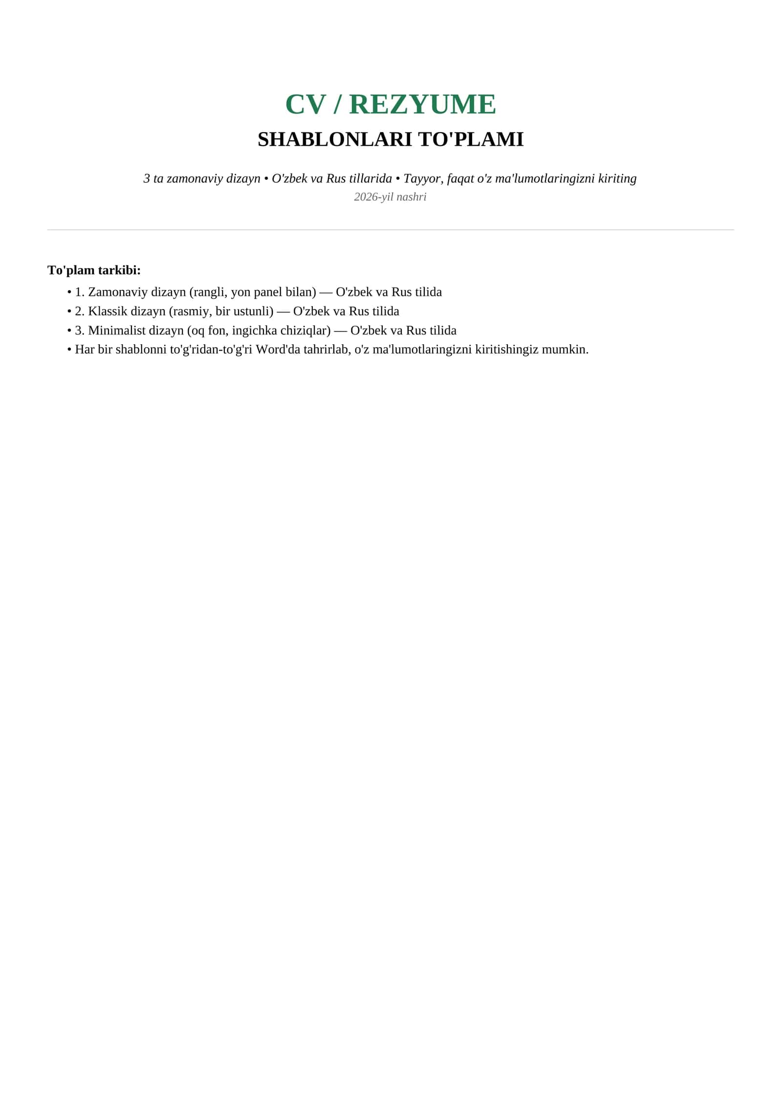 CV rezyume shablonlari 2026 - tayyor, professional