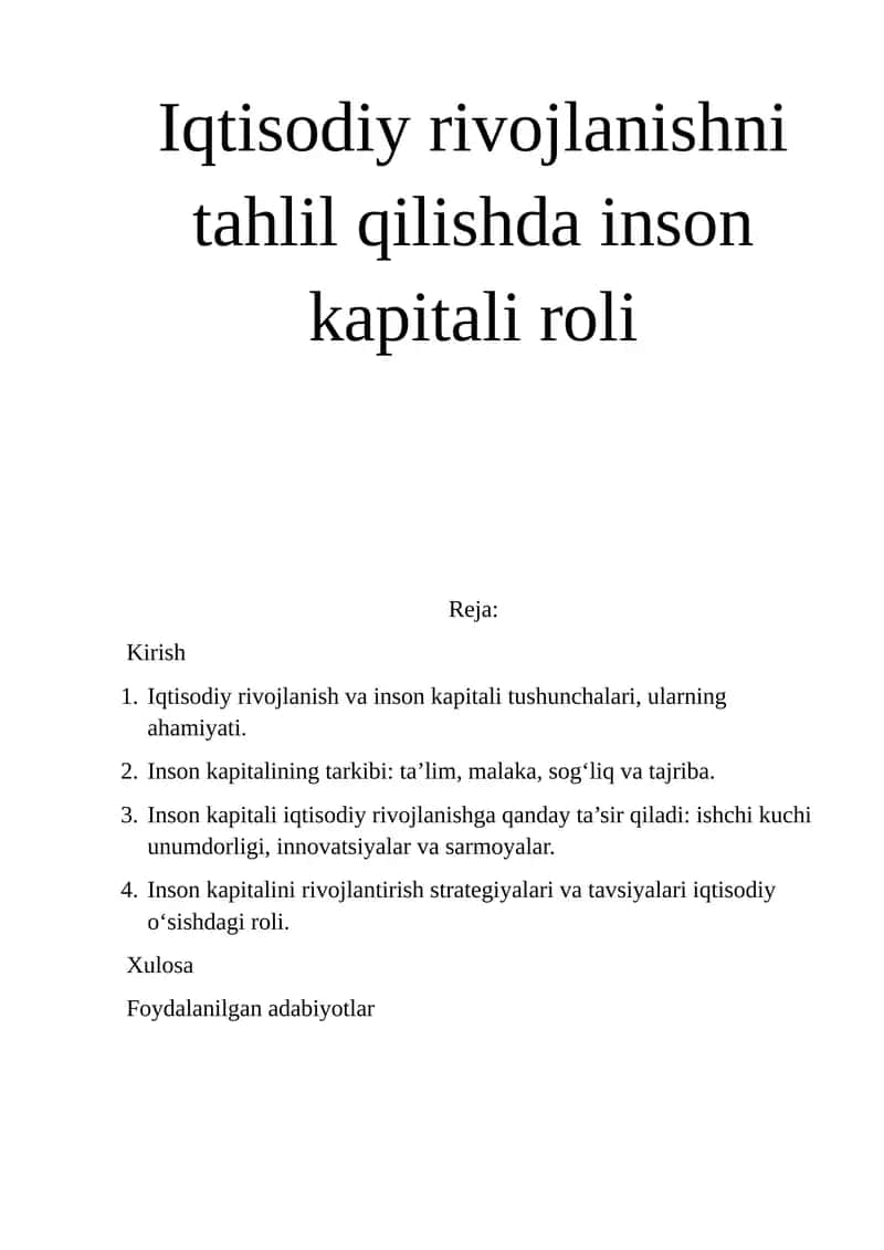 Iqtisodiy rivojlanishni tahlil qilishda inson kapitali roli