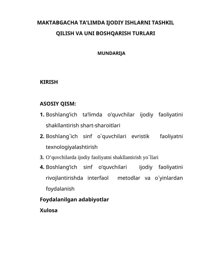 MAKTABGACHA TAʼLIMDA IJODIY ISHLARNI TASHKIL QILISH VA UNI BOSHQARISH TURLARI