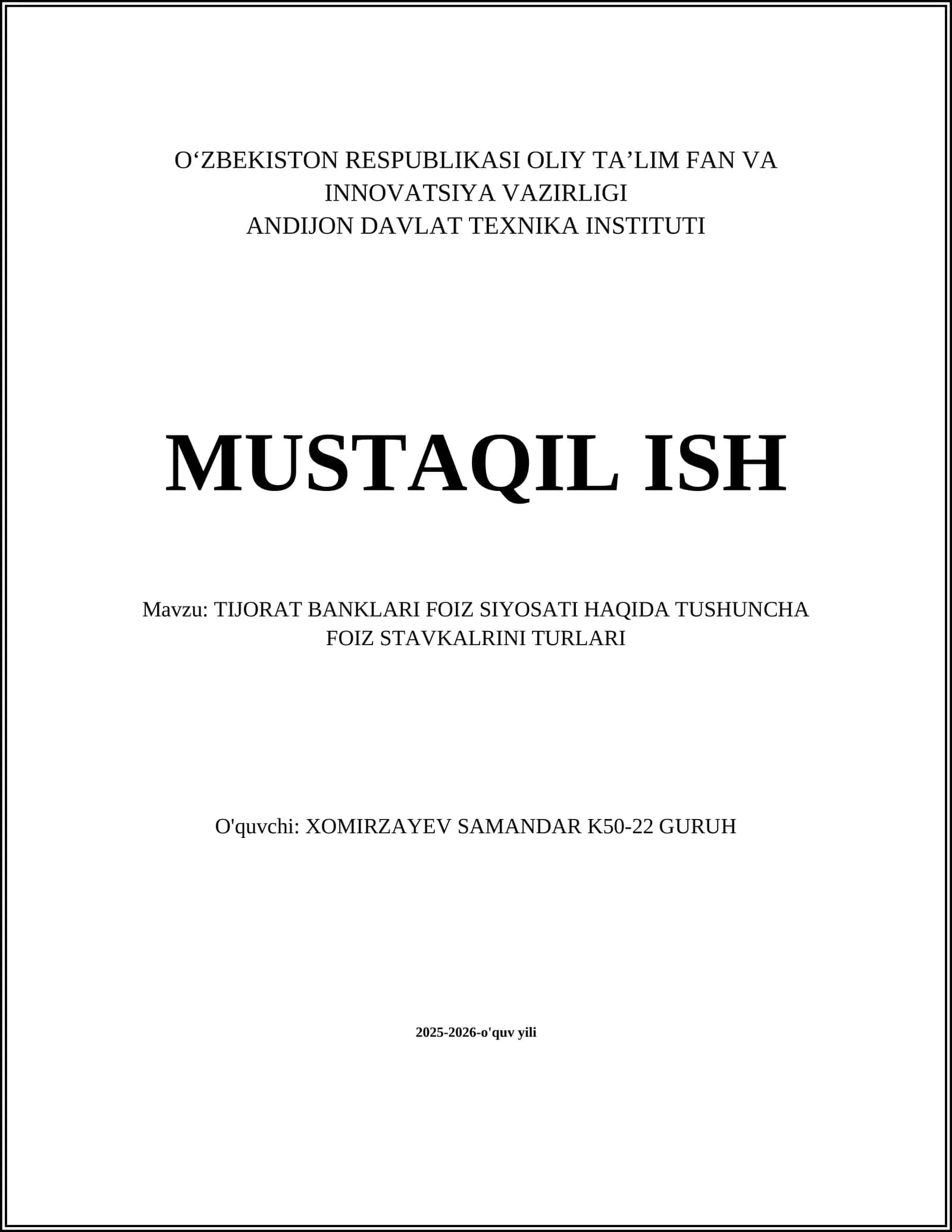 TIJORAT BANKLARI FOIZ SIYOSATI HAQIDA TUSHUNCHA FOIZ STAVKALRINI TURLARI
