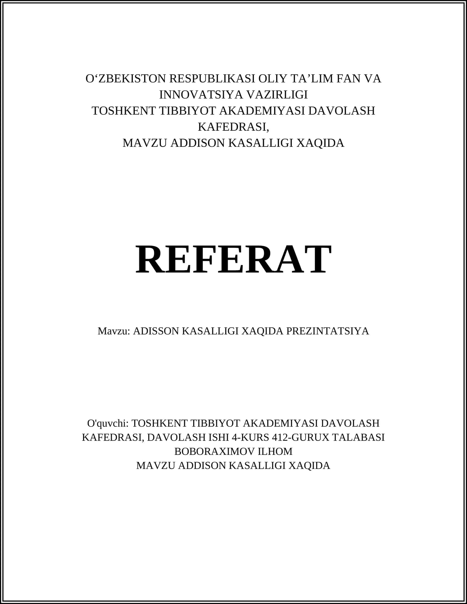 ADDISON KASALLIGI XAQIDA REFERAT