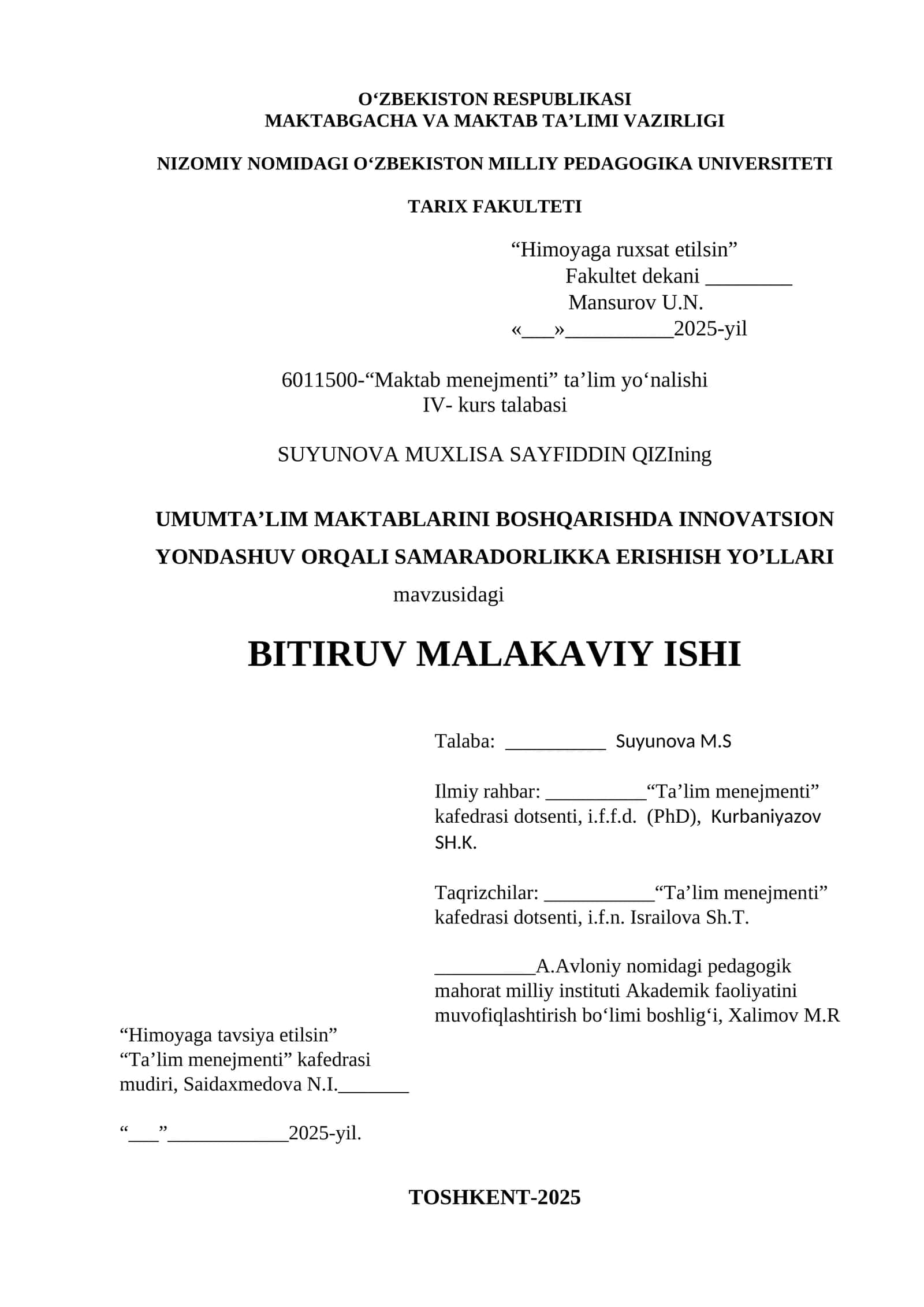 UMUMTA’LIM MAKTABLARINI BOSHQARISHDA INNOVATSION YONDASHUV ORQALI SAMARADORLIKKA ERISHISH YO’LLARI