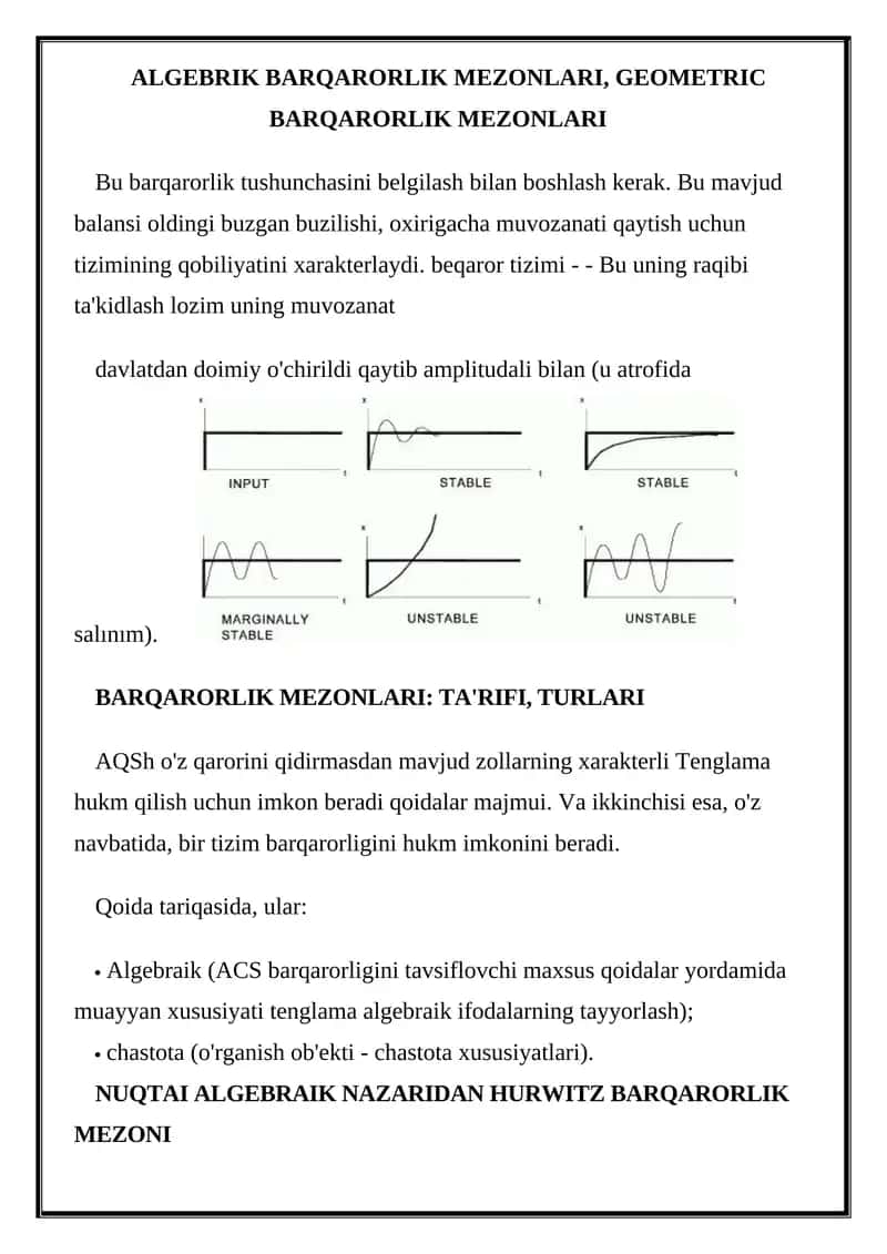ALGEBRIK BARQARORLIK MEZONLARI
