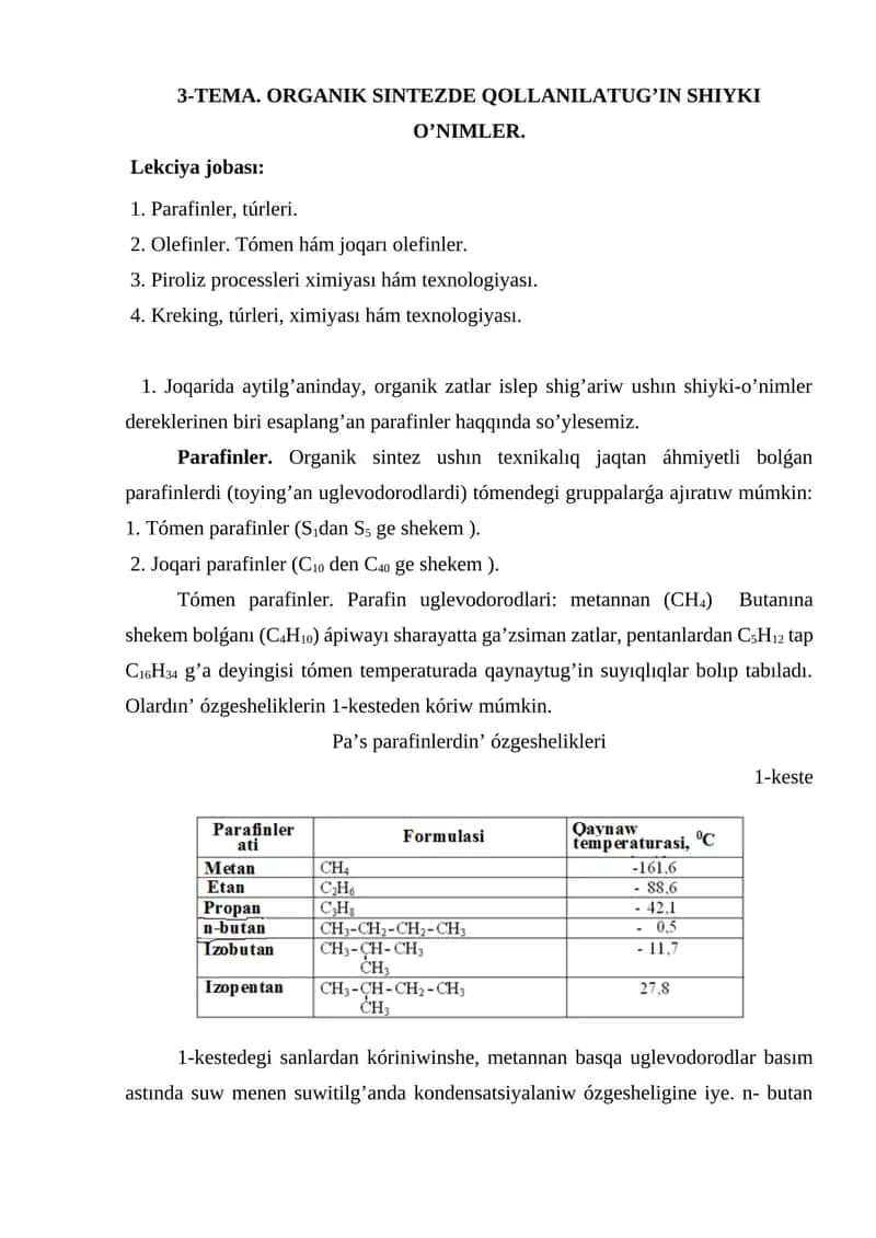 3-TEMA. ORGANIK SINTEZDE QOLLANILATUG’IN SHIYKI O’NIMLER