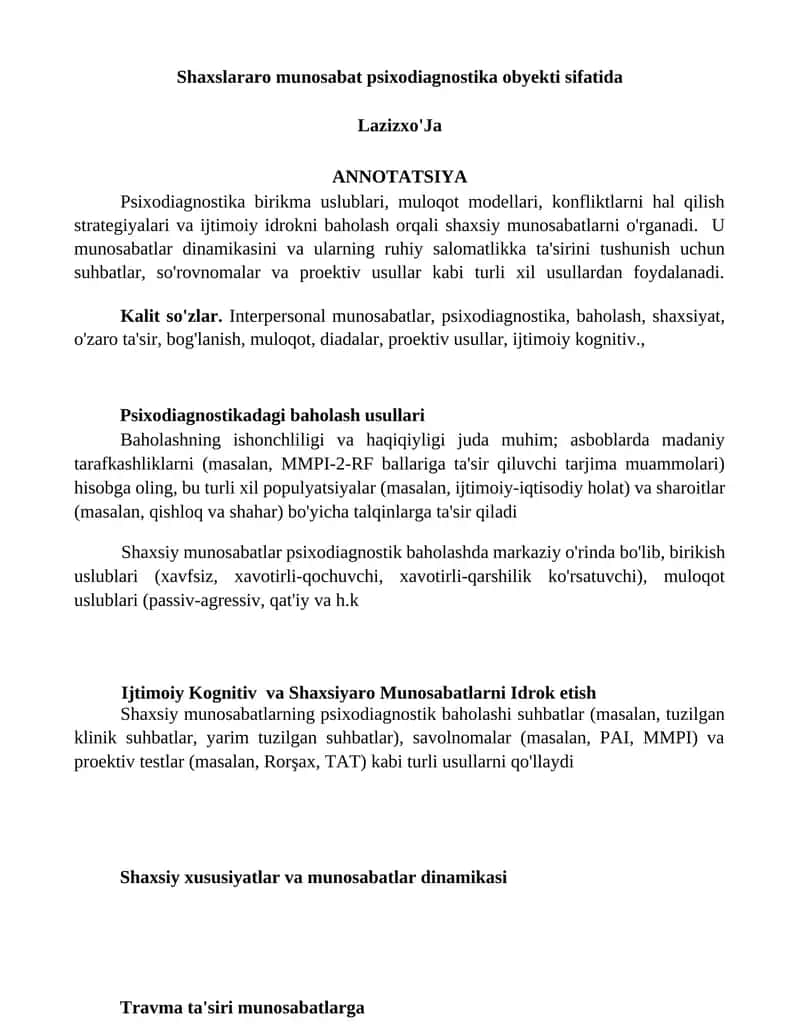 Psixodiagnostika Ob'yekti Sifatida