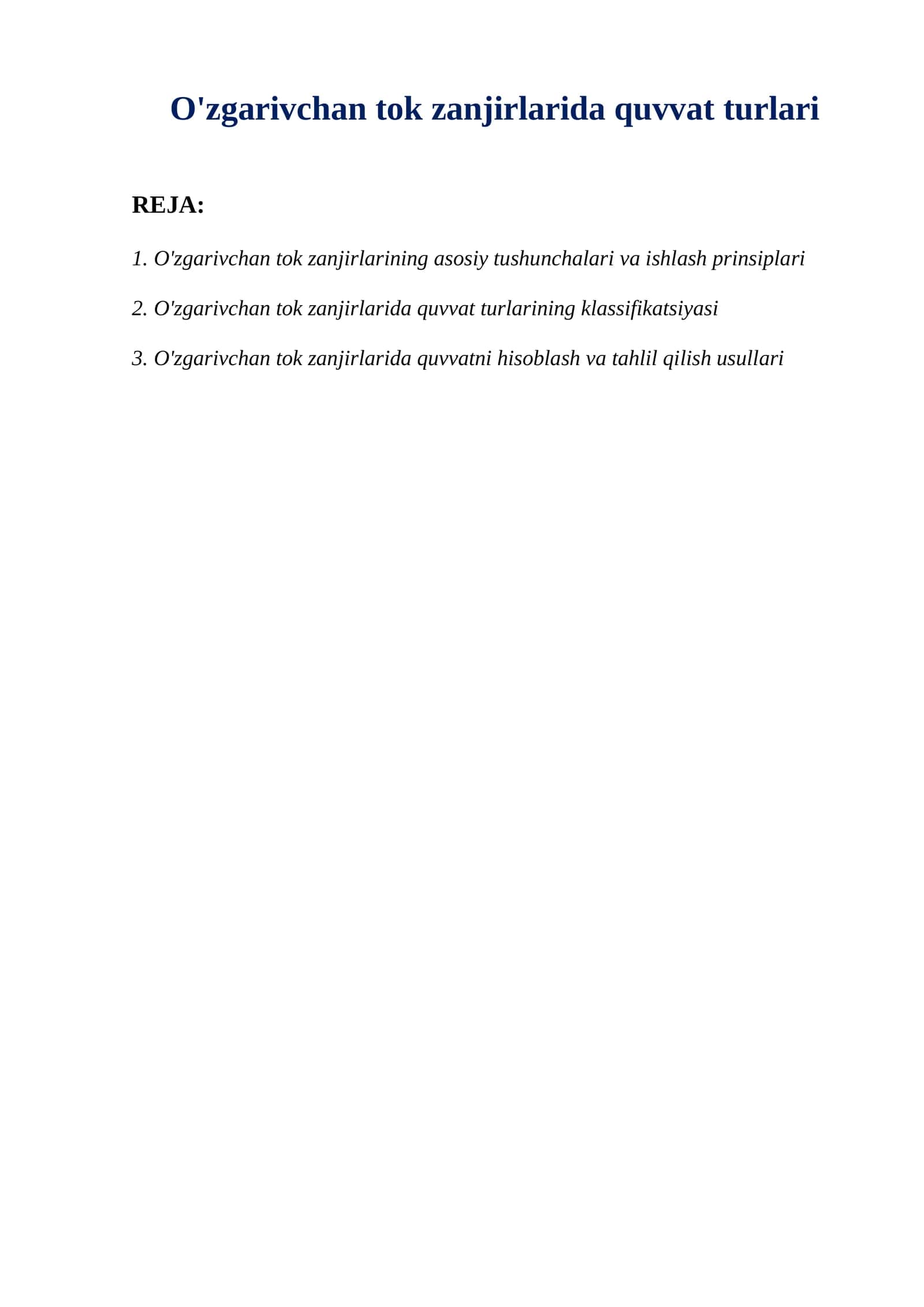 O'zgarivchan tok zanjirlarida quvvat turlari