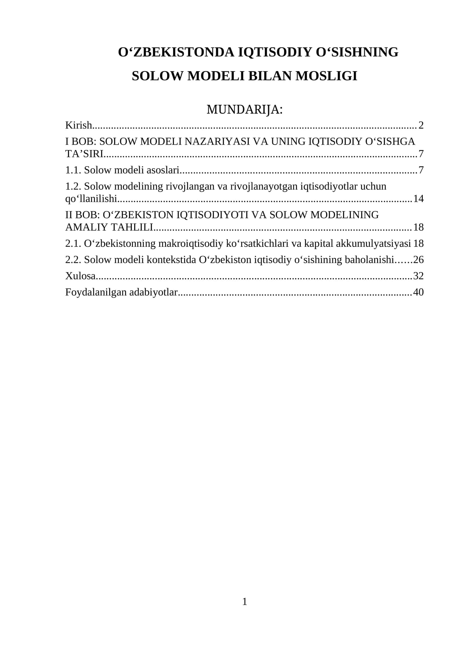 Solow O'sish Modeli bilan O'zbekistonda Iqtisodiy O'sishning Mosligi