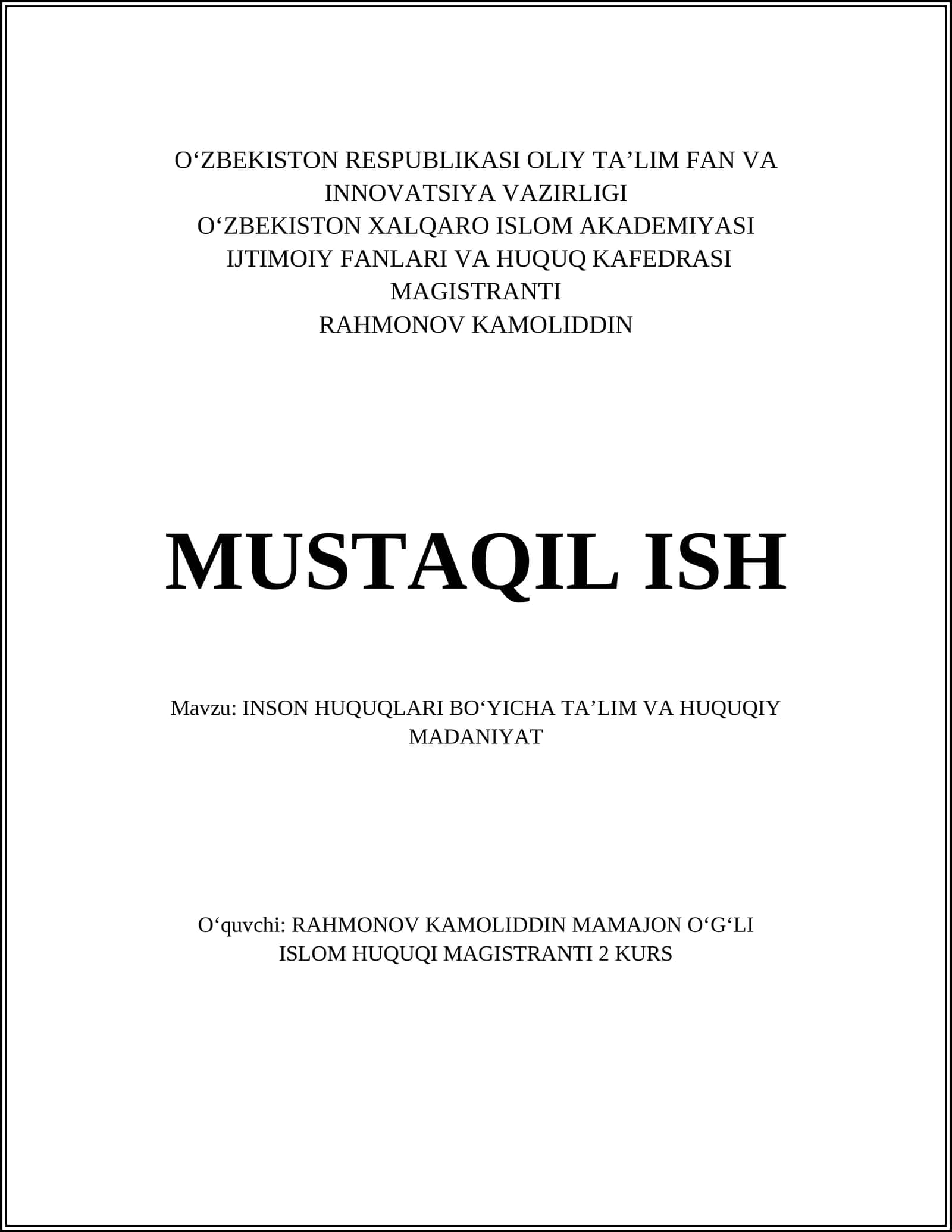 INSON HUQUQLARI BOʻYICHA TAʼLIM VA HUQUQIY MADANIYAT