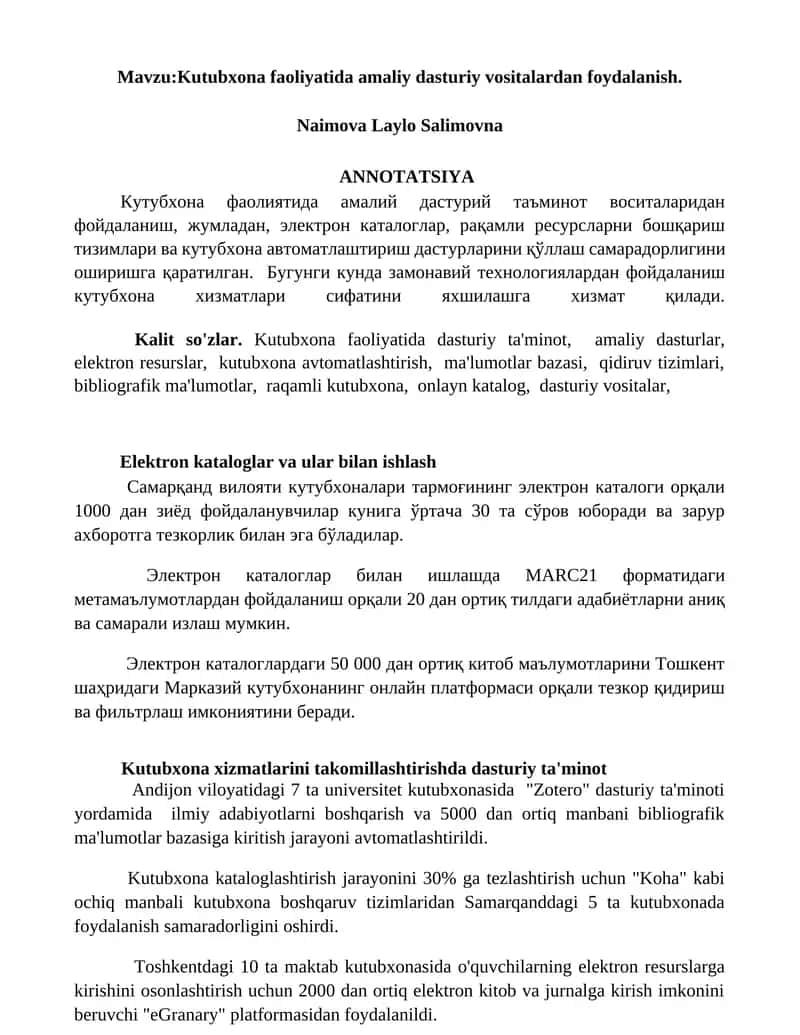 Kutubxona faoliyatida amaliy dasturiy vositalardan foydalanish