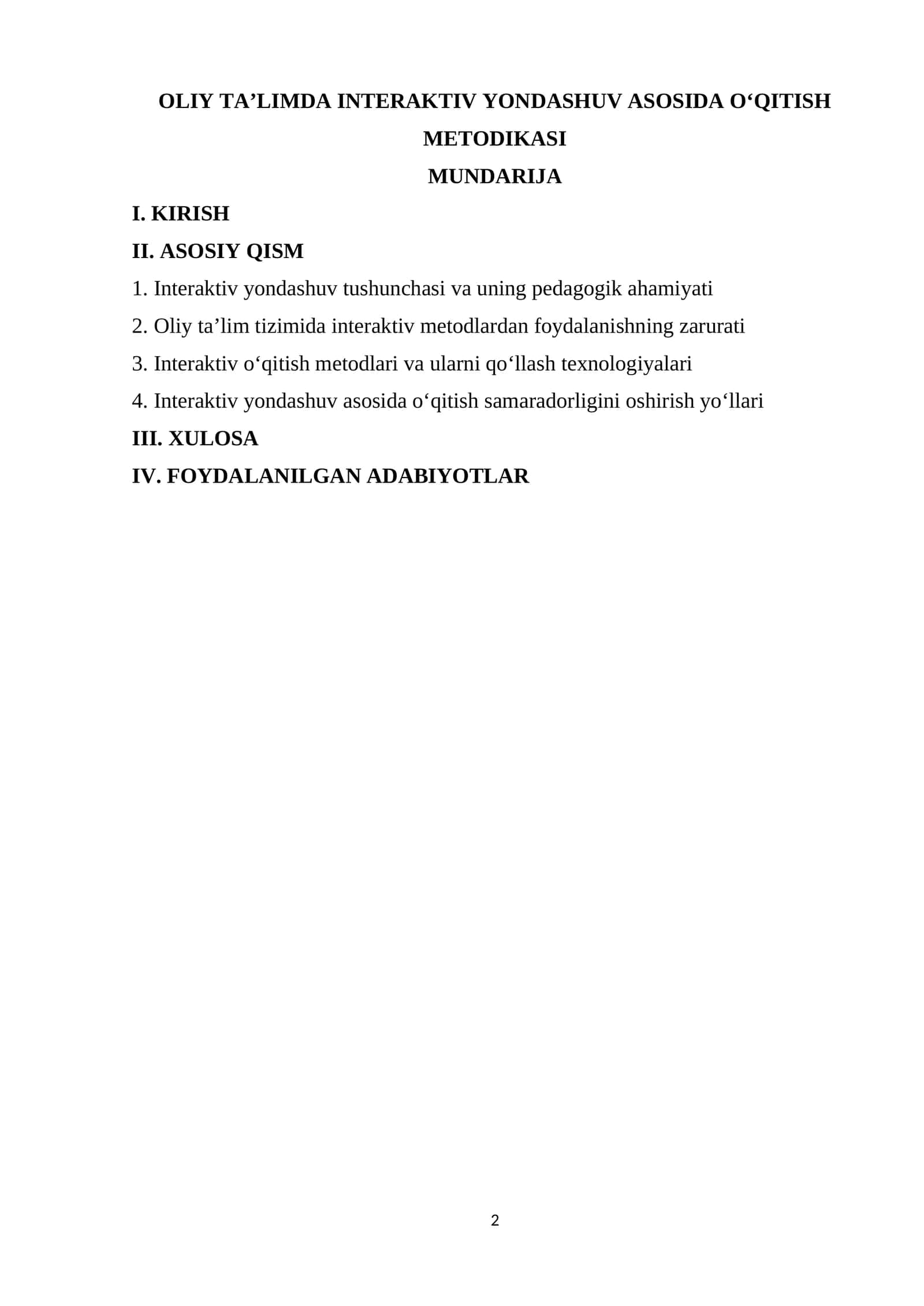 OLIY TAʼLIMDA INTERAKTIV YONDASHUV ASOSIDA OʻQITISH METODIKASI