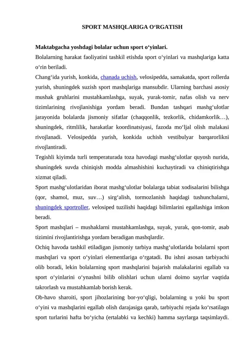 SPORT MASHQLARIGA OʻRGATISH