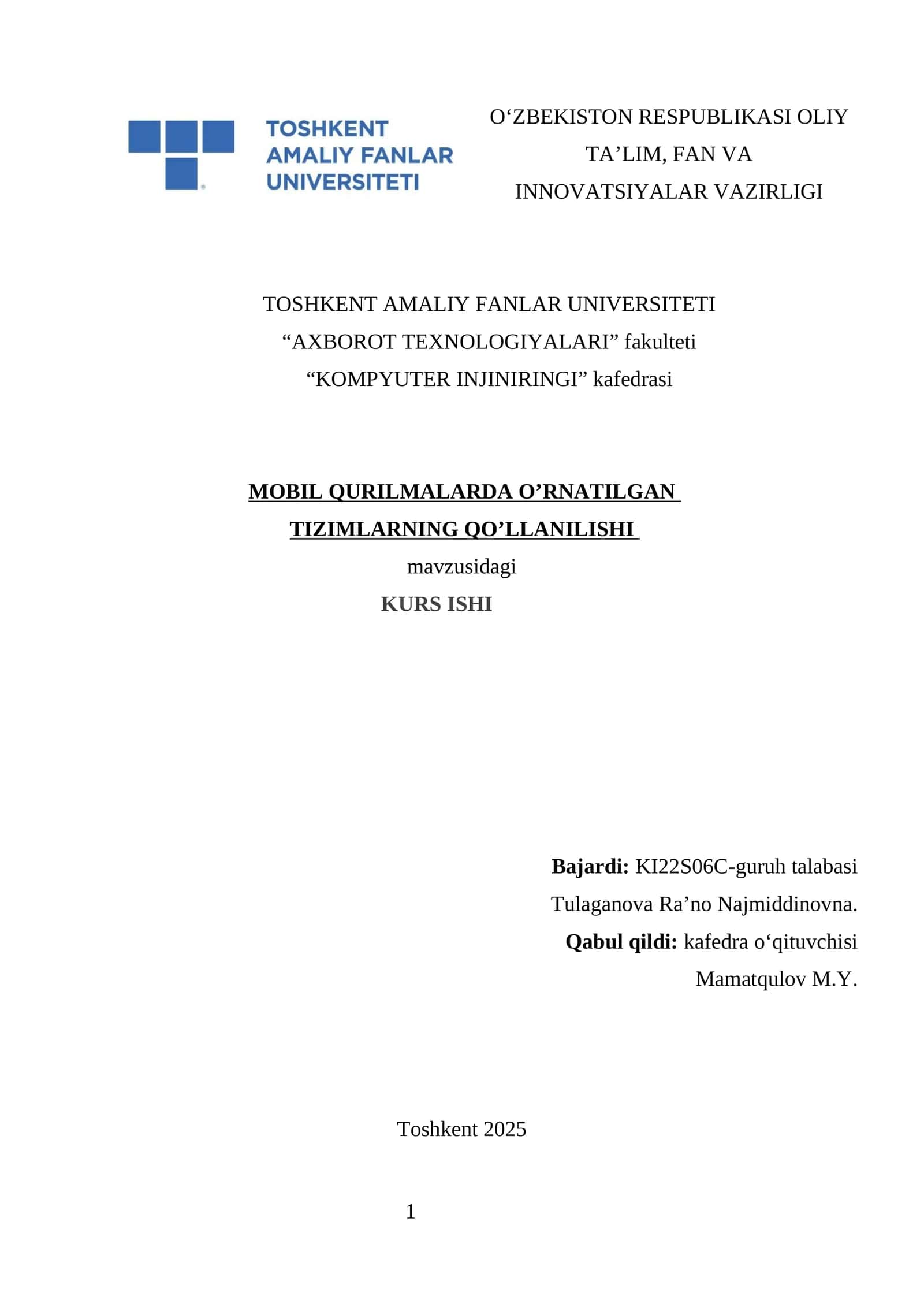 MOBIL QURILMALARDA O’RNATILGAN TIZIMLARNING QO’LLANILISHI