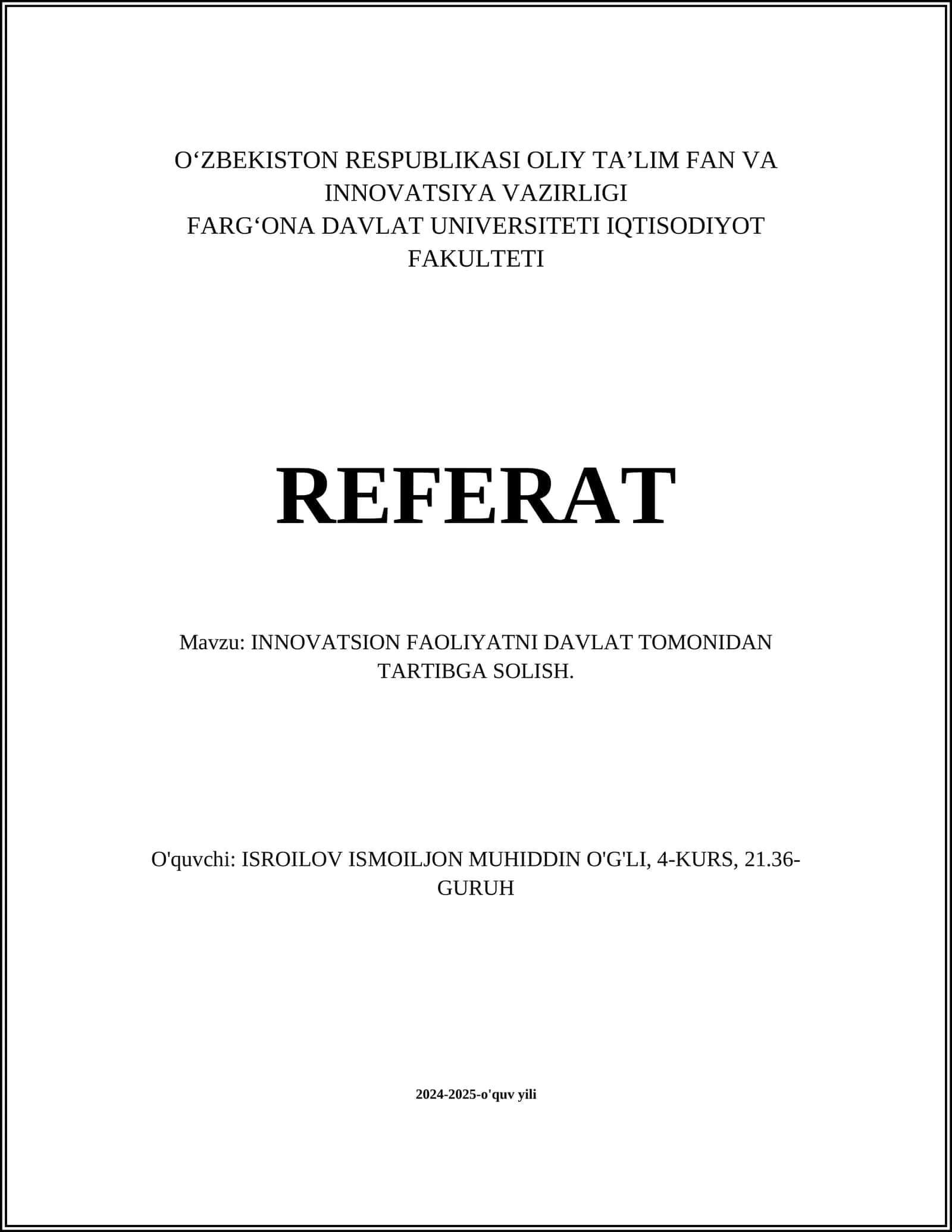 INNOVATSION FAOLIYATNI DAVLAT TOMONIDAN TARTIBGA SOLISH
