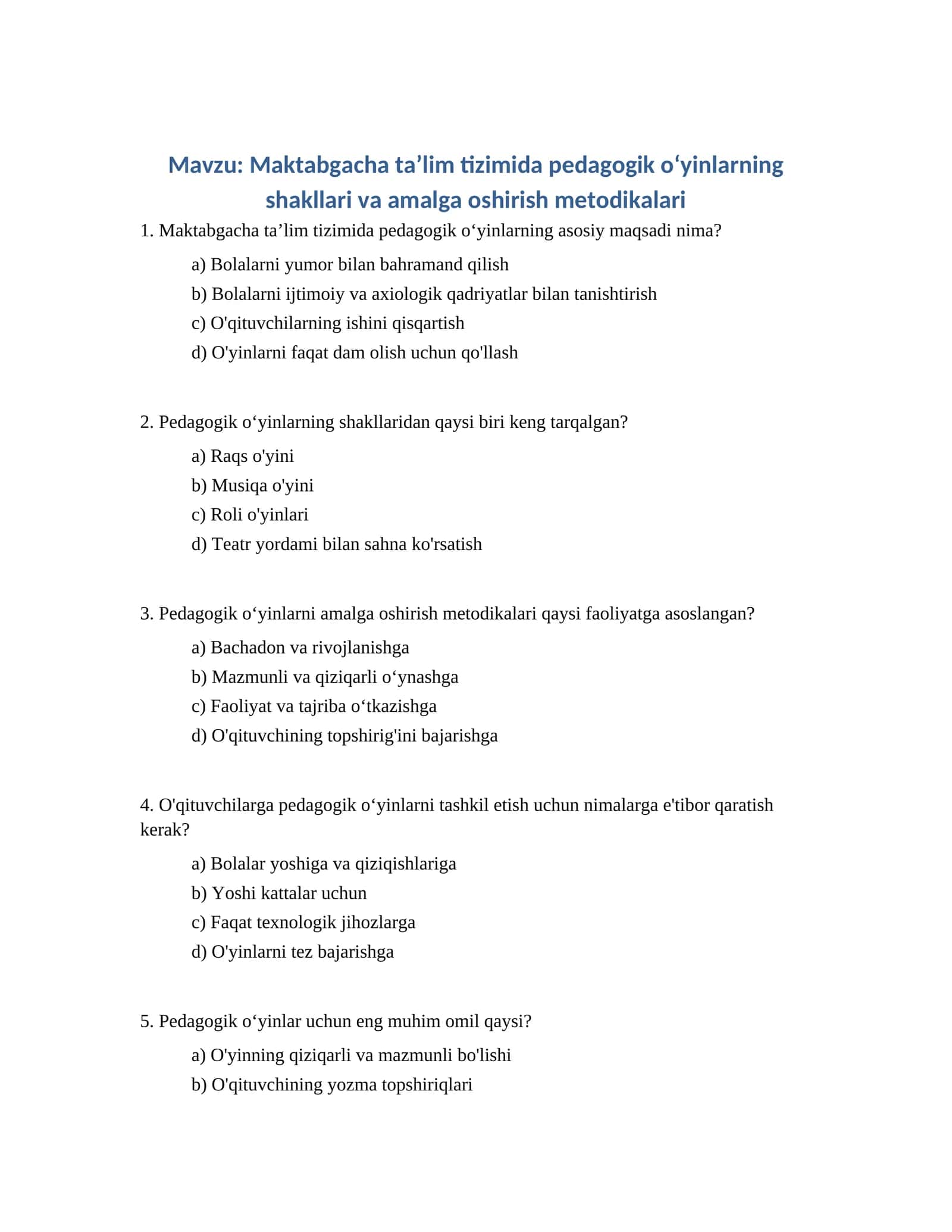 Maktabgacha taʼlim tizimida pedagogik oʻyinlarning shakllari va amalga oshirish metodikalari