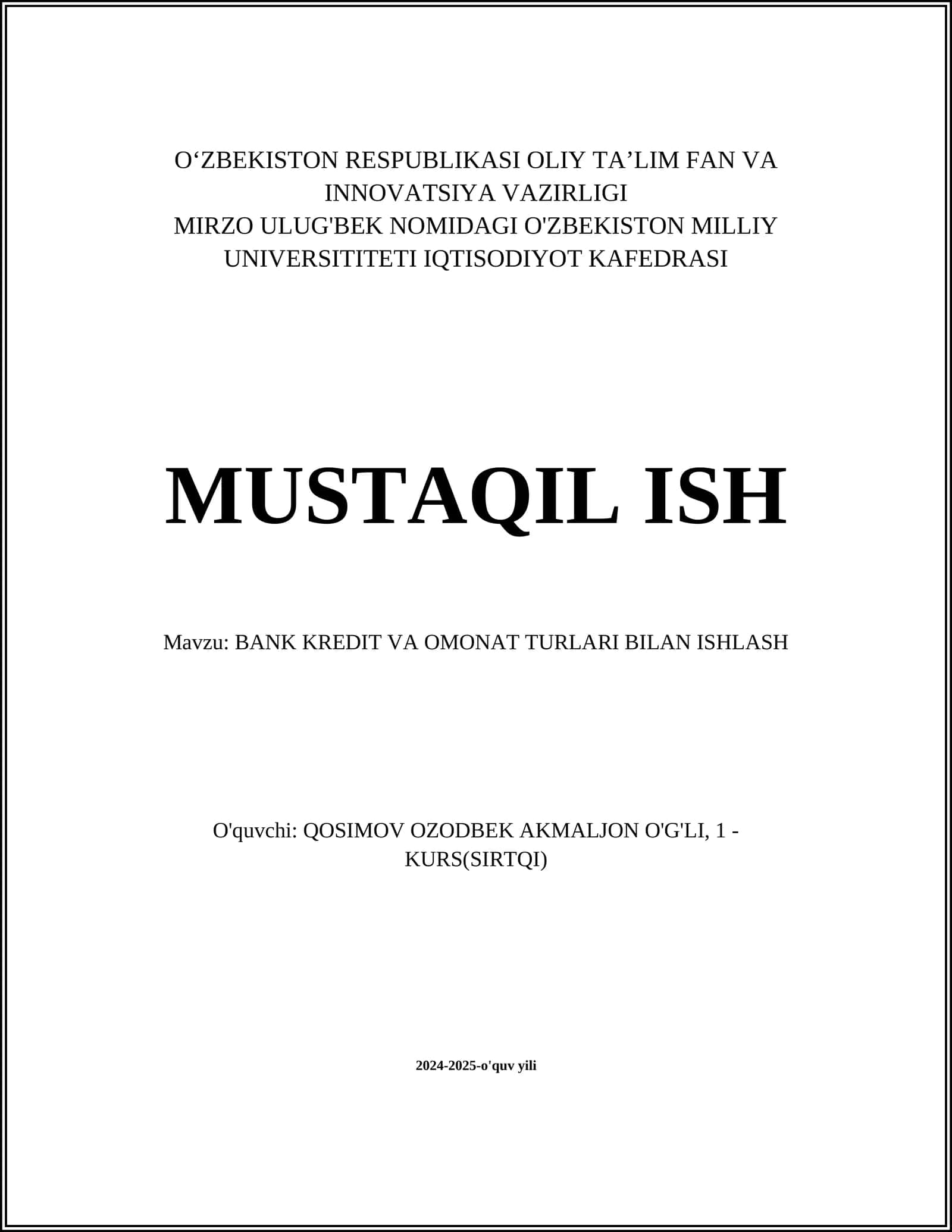 BANK KREDIT VA OMONAT TURLARI BILAN ISHLASH