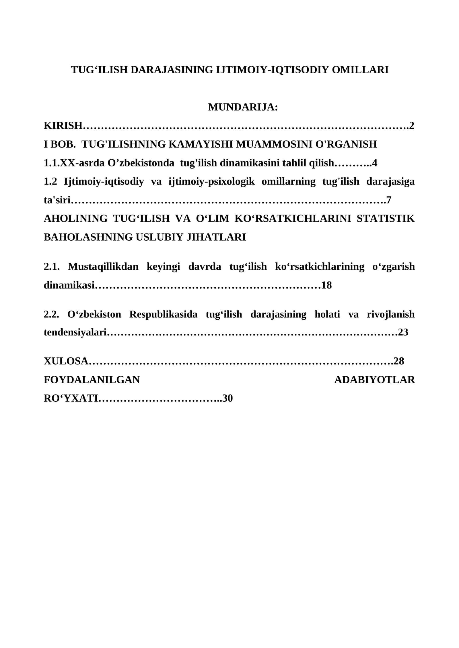TUG‘ILISH DARAJASINING IJTIMOIY-IQTISODIY OMILLARI