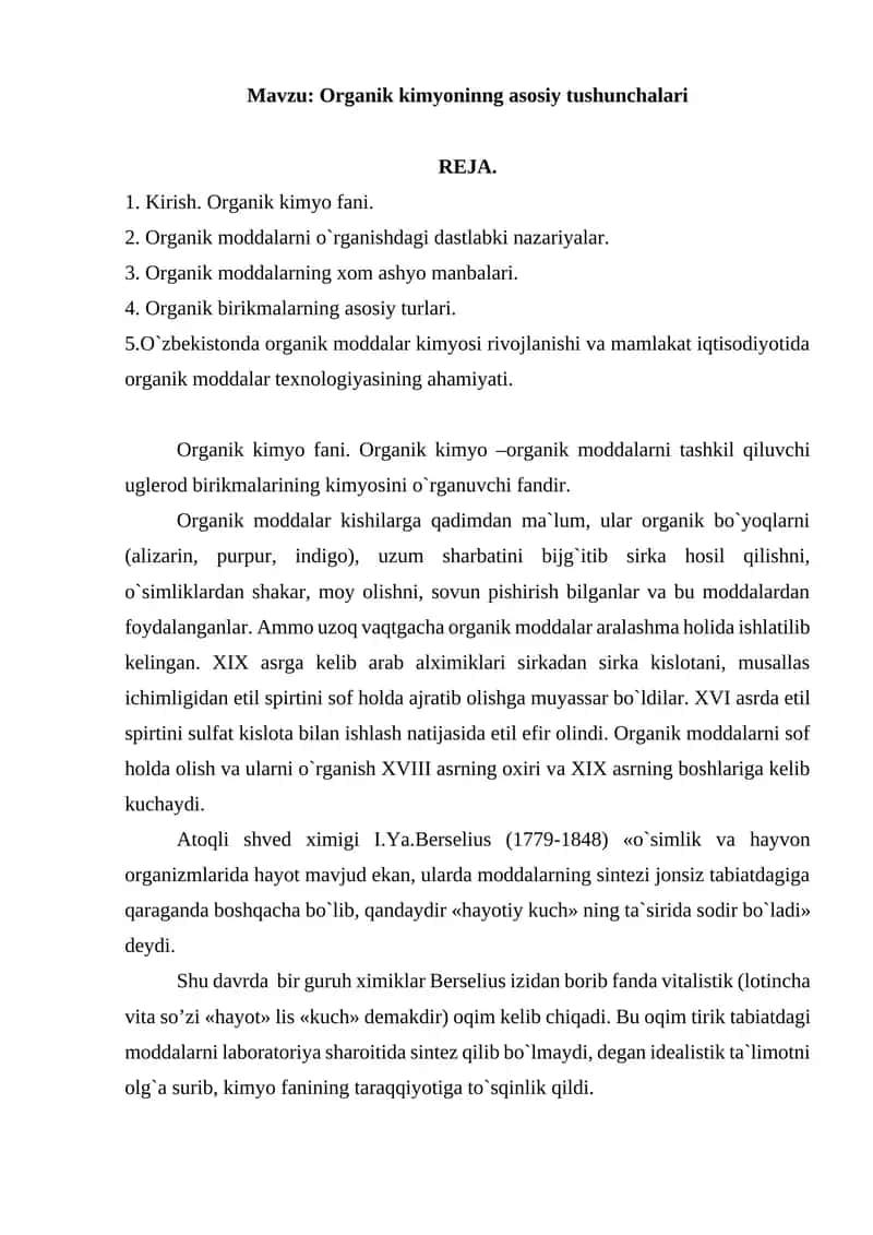 Organik kimyoninng asosiy tushunchalari
