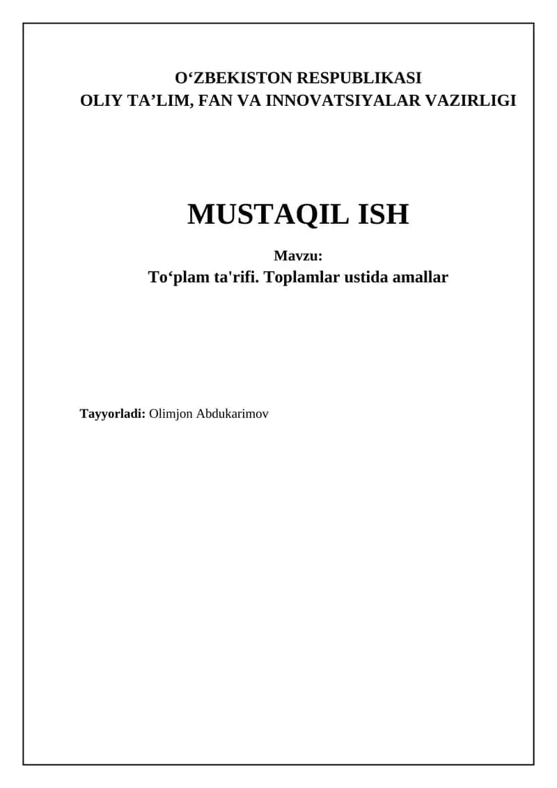 Toʻplam ta'rifi. Toplamlar ustida amallar