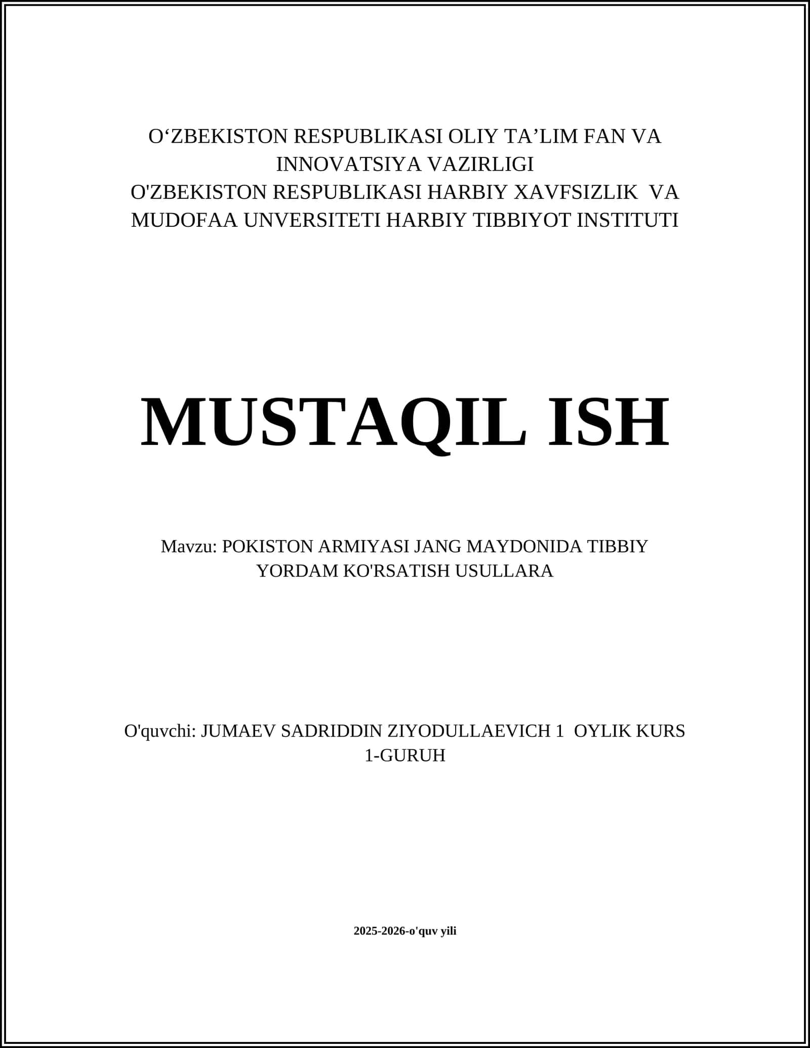 POKISTON ARMIYASI JANG MAYDONIDA TIBBIY YORDAM KO'RSATISH USULLARA