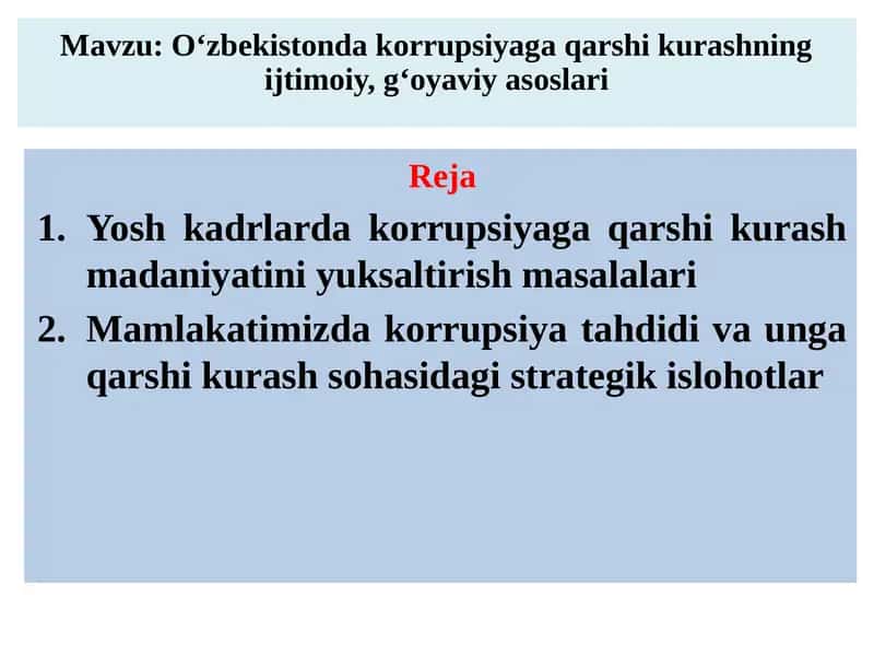 O‘zbekiston dako rupsiyaga qarshi kurashning ijtimoiy, g‘oyavi yasoslari