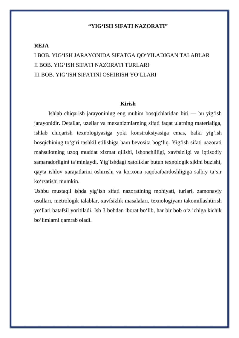 YIG‘ISH SIFATI NAZORATI